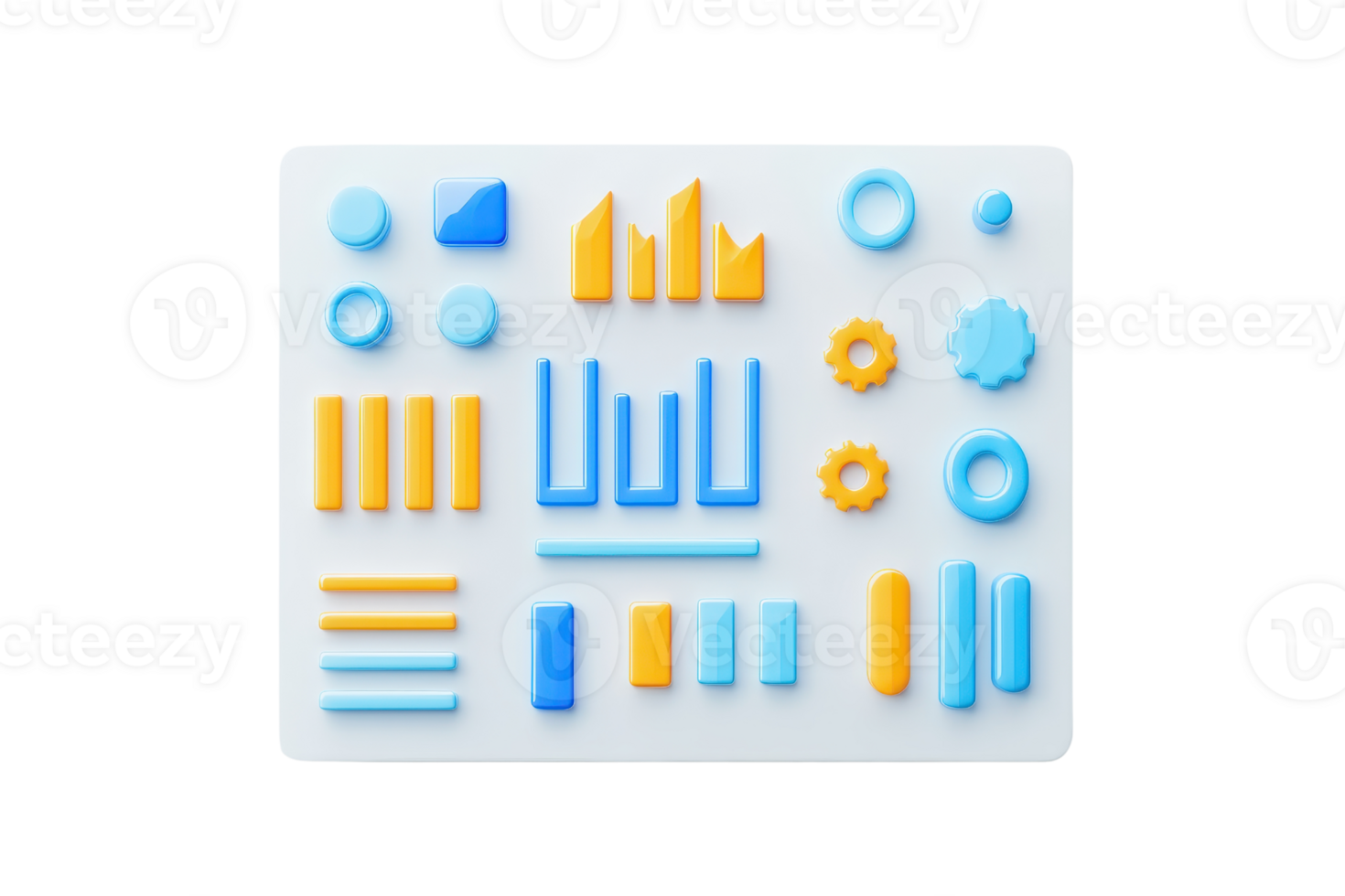 A collection of geometric shapes in blue and yellow arranged on a white surface, showcasing various patterns and designs. png