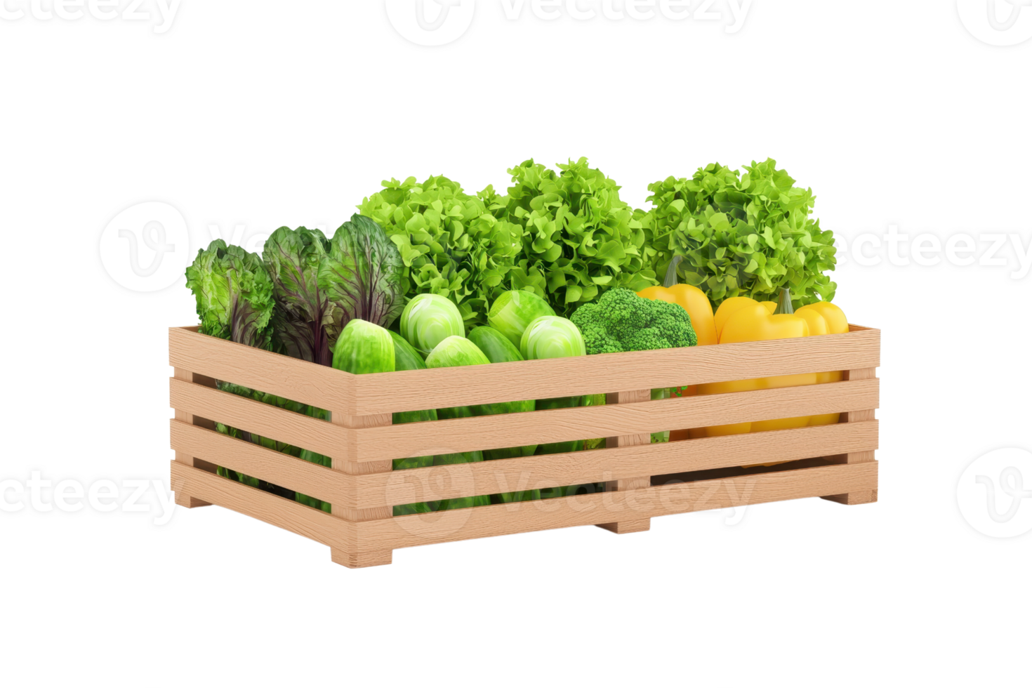 A wooden crate filled with a variety of fresh green vegetables, including lettuce, cabbage, and other leafy greens. png
