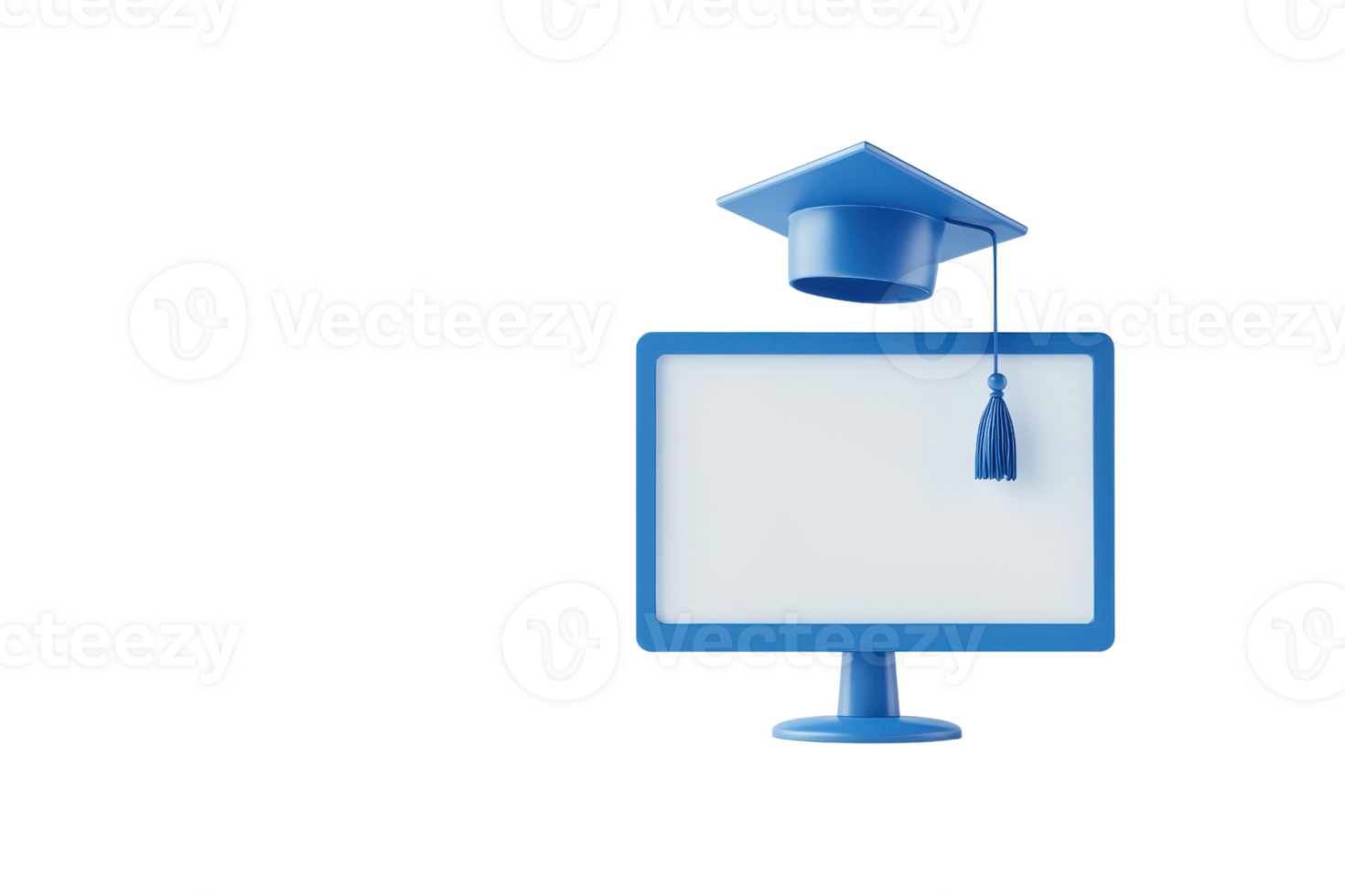 A blue computer monitor topped with a graduation cap and tassel, symbolizing education and online learning. png