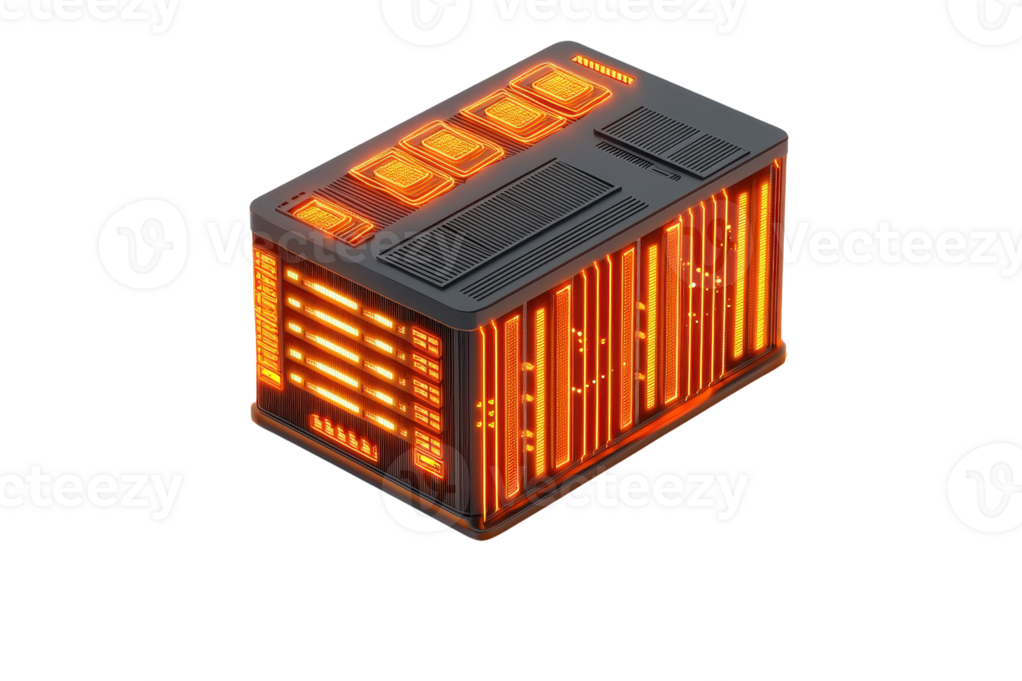 A compact, futuristic device emitting warm orange light, featuring a sleek design with glowing panels and intricate details. png