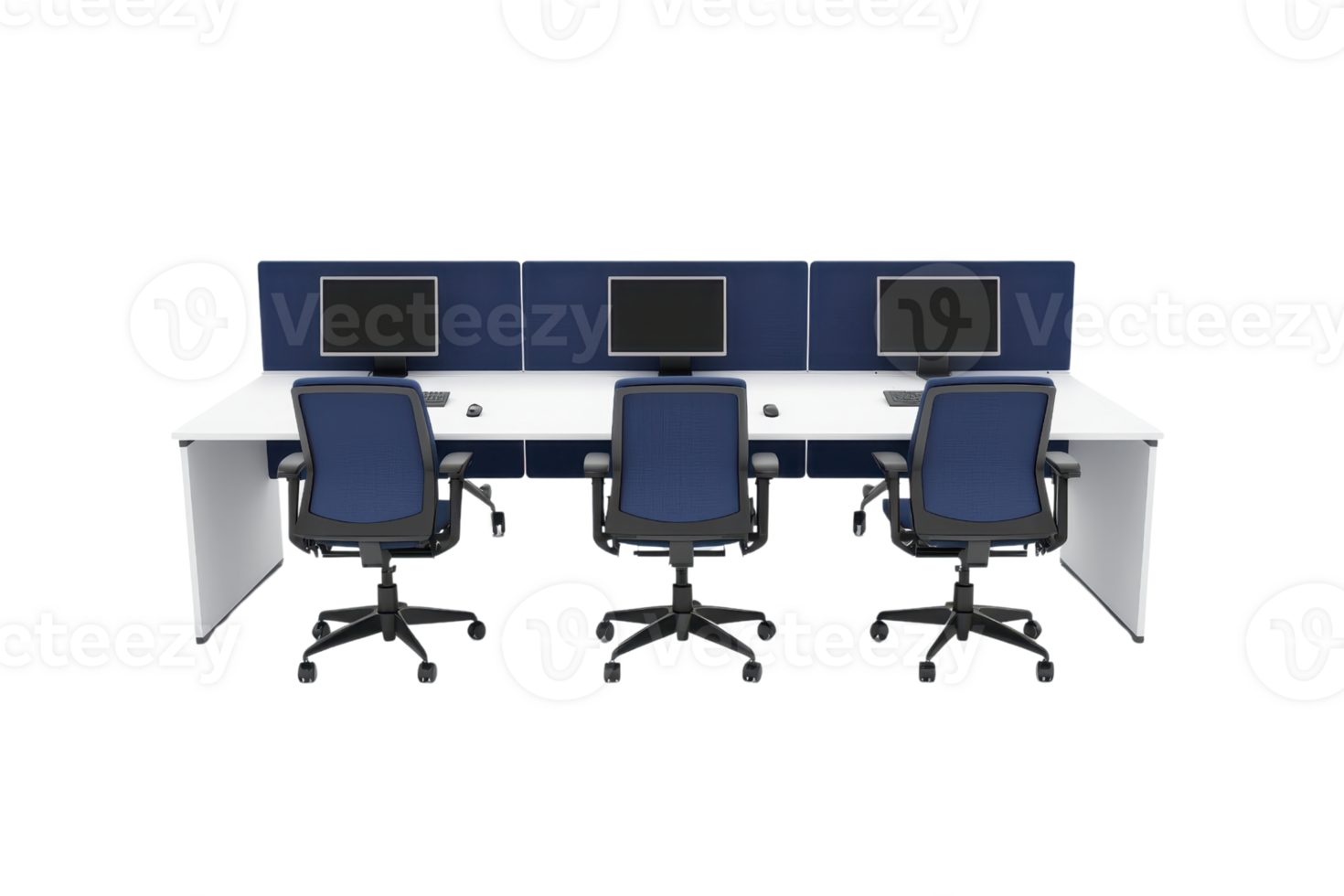A modern office workspace featuring a long desk with multiple computer monitors and ergonomic chairs. png