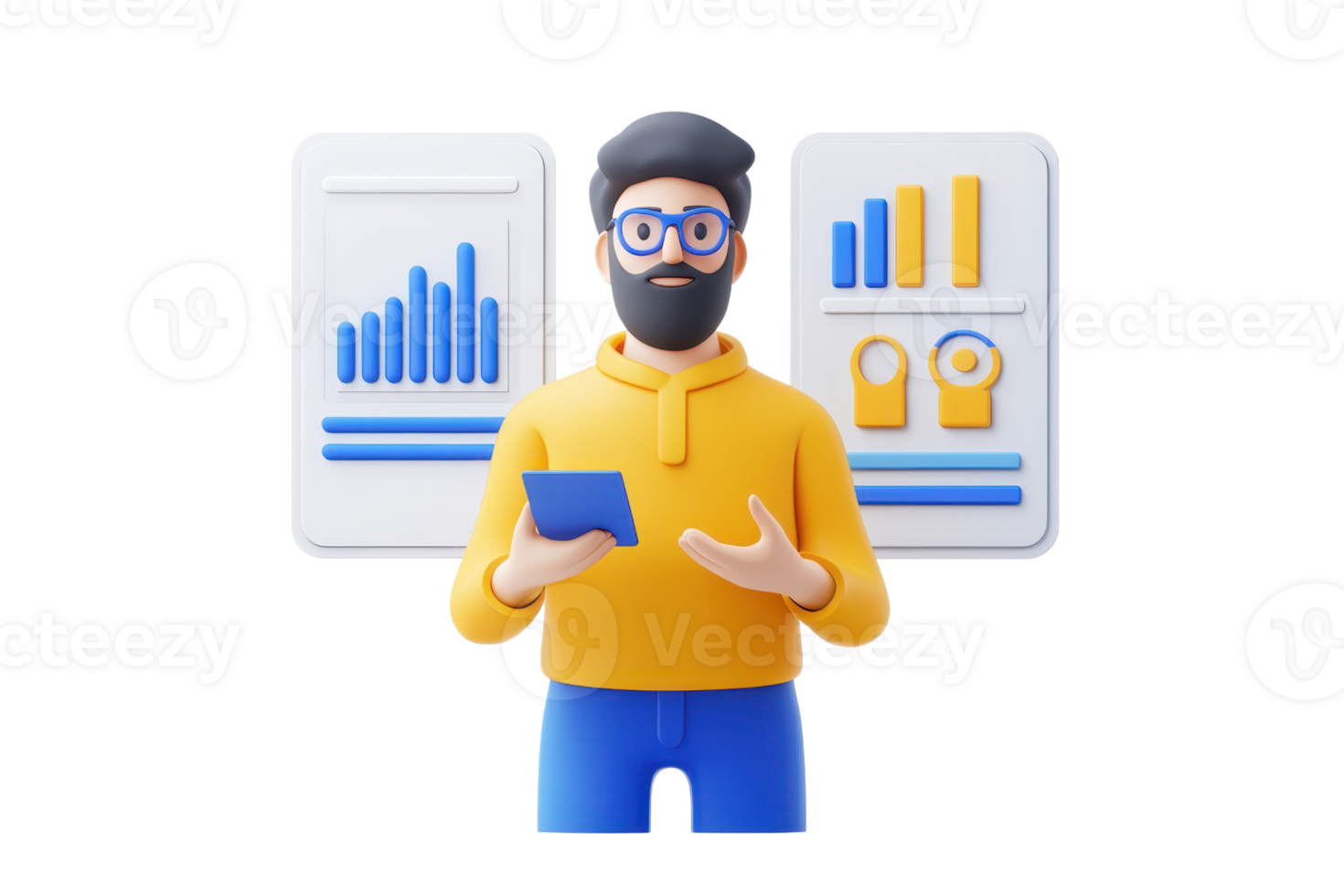 A 3D character in a yellow sweater holds a tablet, showcasing data analytics with charts and graphs behind him. png