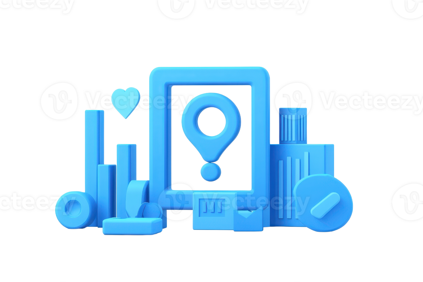 A vibrant blue 3D representation of a location pin, framed within a rectangular shape alongside various geometric shapes and symbols. png