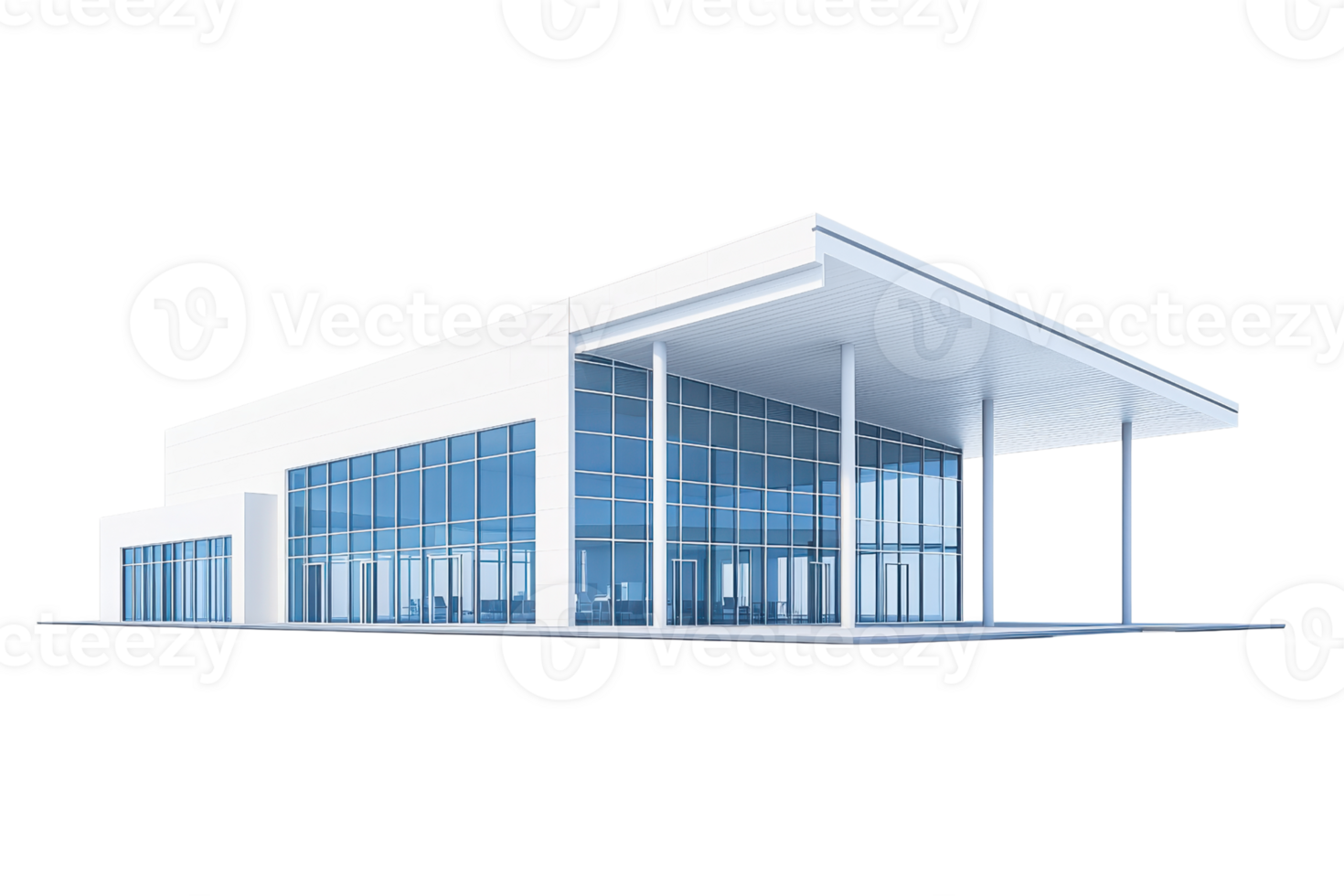 A modern architectural structure featuring large glass windows and a flat roof supported by sleek columns. png