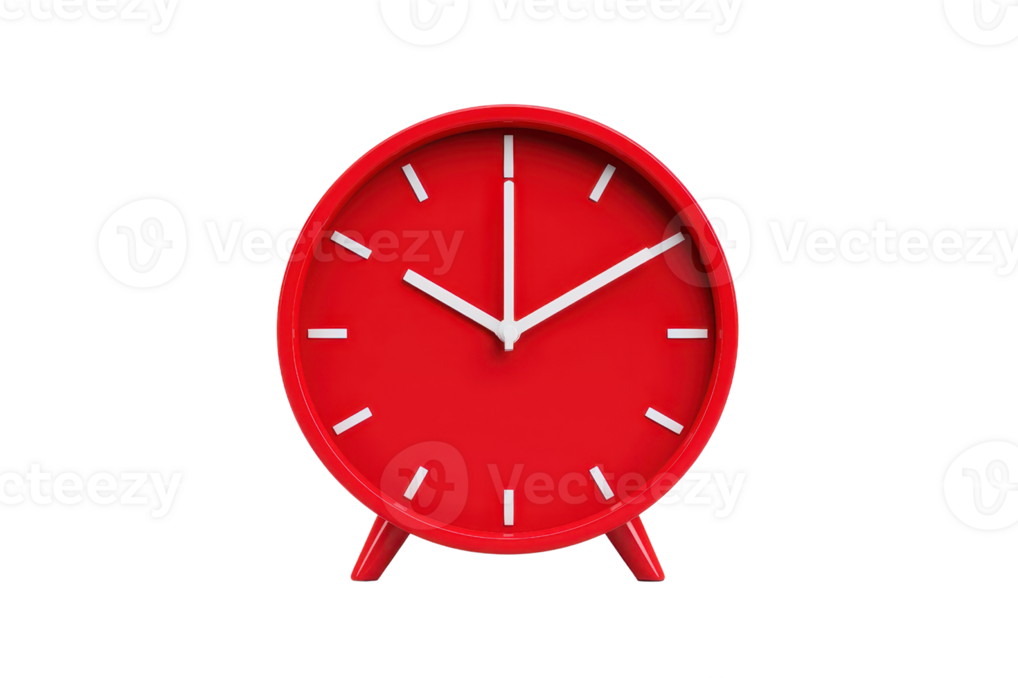 A vibrant red alarm clock featuring white hands and markers, showcasing a minimalist design with a round face. png