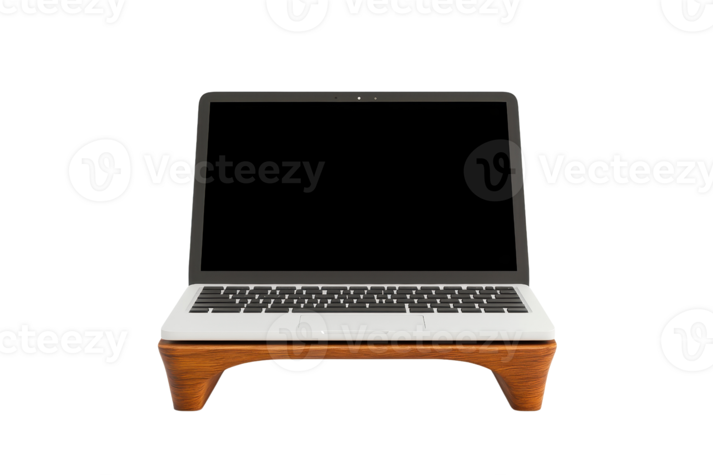 A sleek laptop with a wooden stand, featuring a minimalist design and a blank screen, ideal for showcasing digital content. png