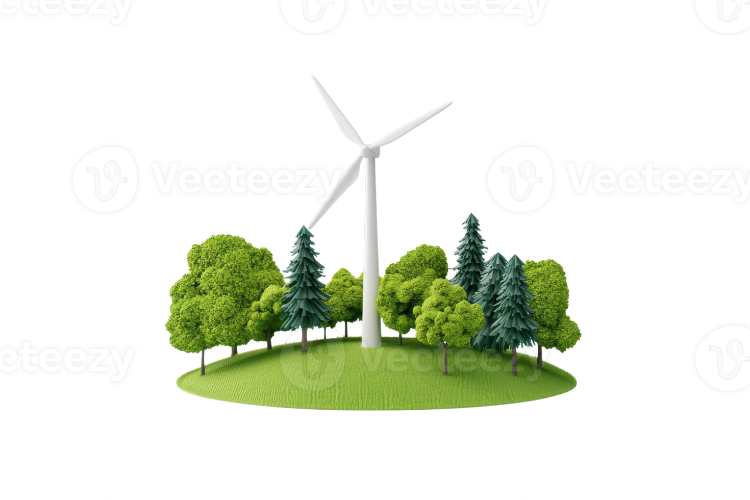 A wind turbine surrounded by a variety of trees on a grassy hill. png