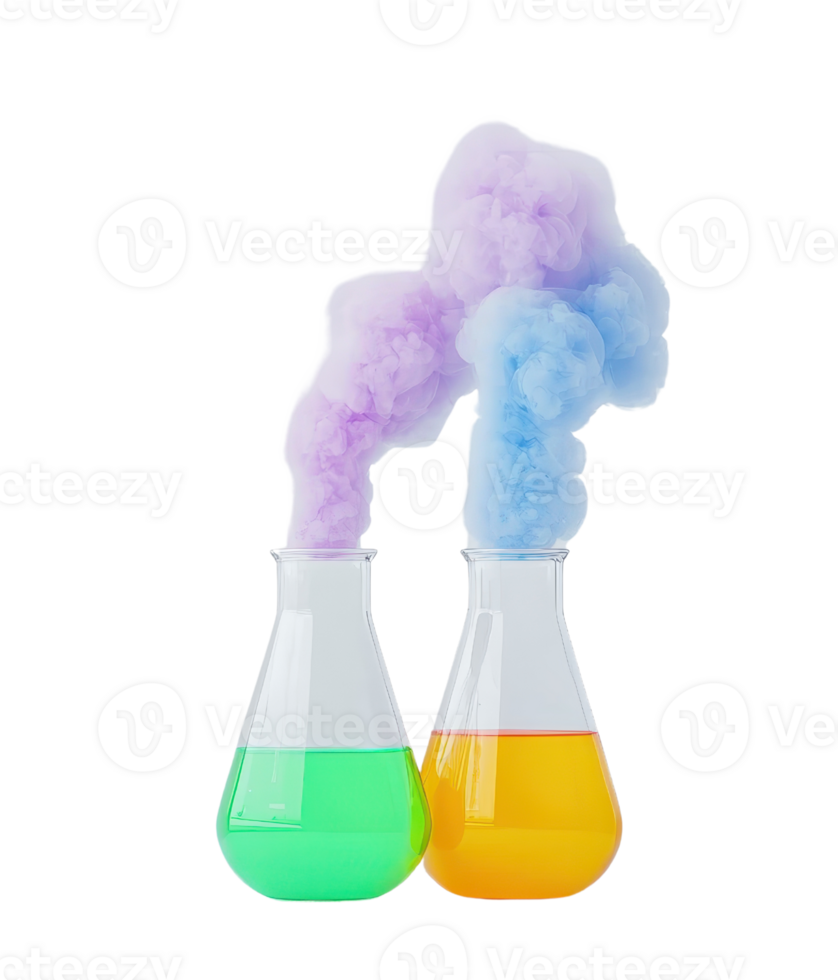 Two flasks with vibrant liquids producing colorful smoke, showcasing a dynamic chemical reaction. png