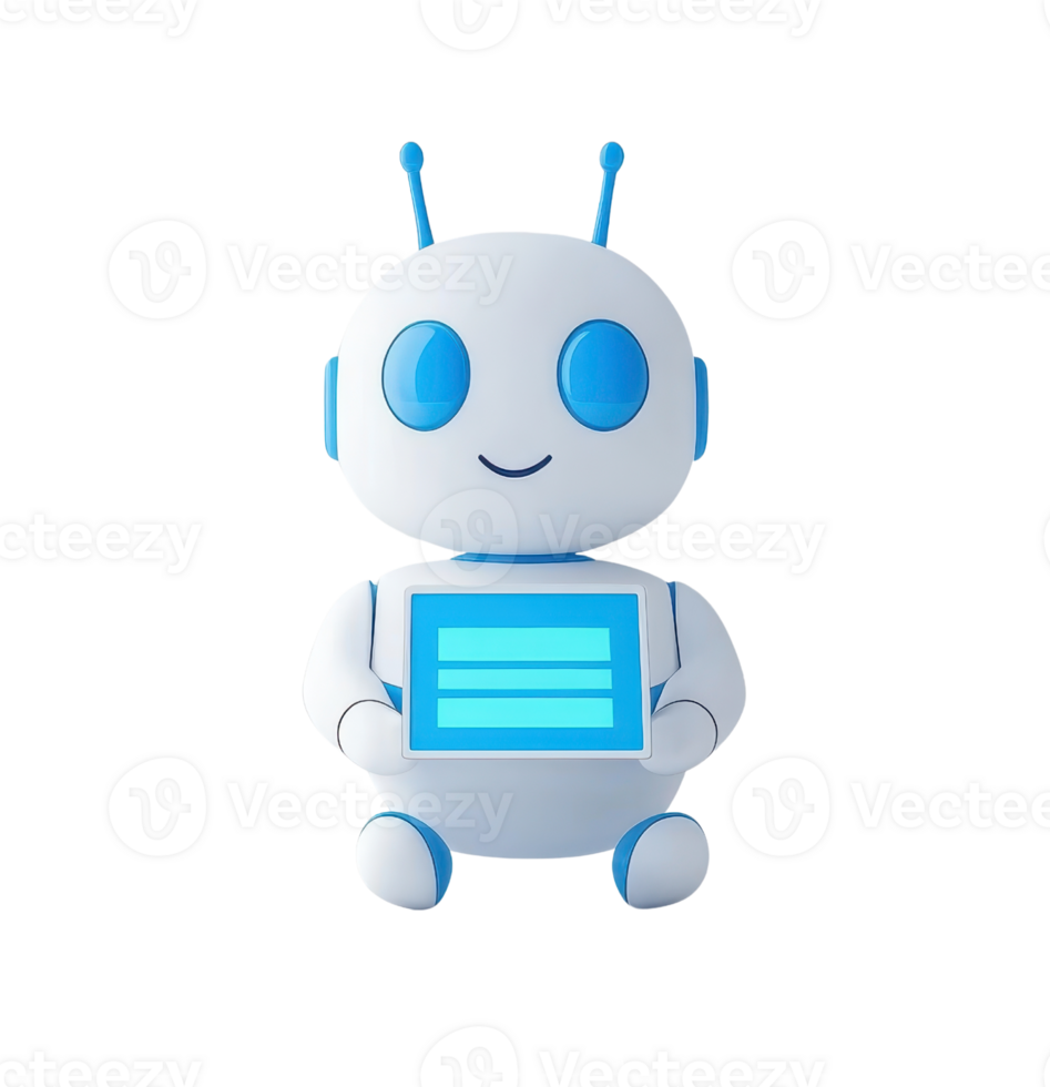 A cheerful robot character with blue accents, holding a digital tablet displaying three horizontal lines. png