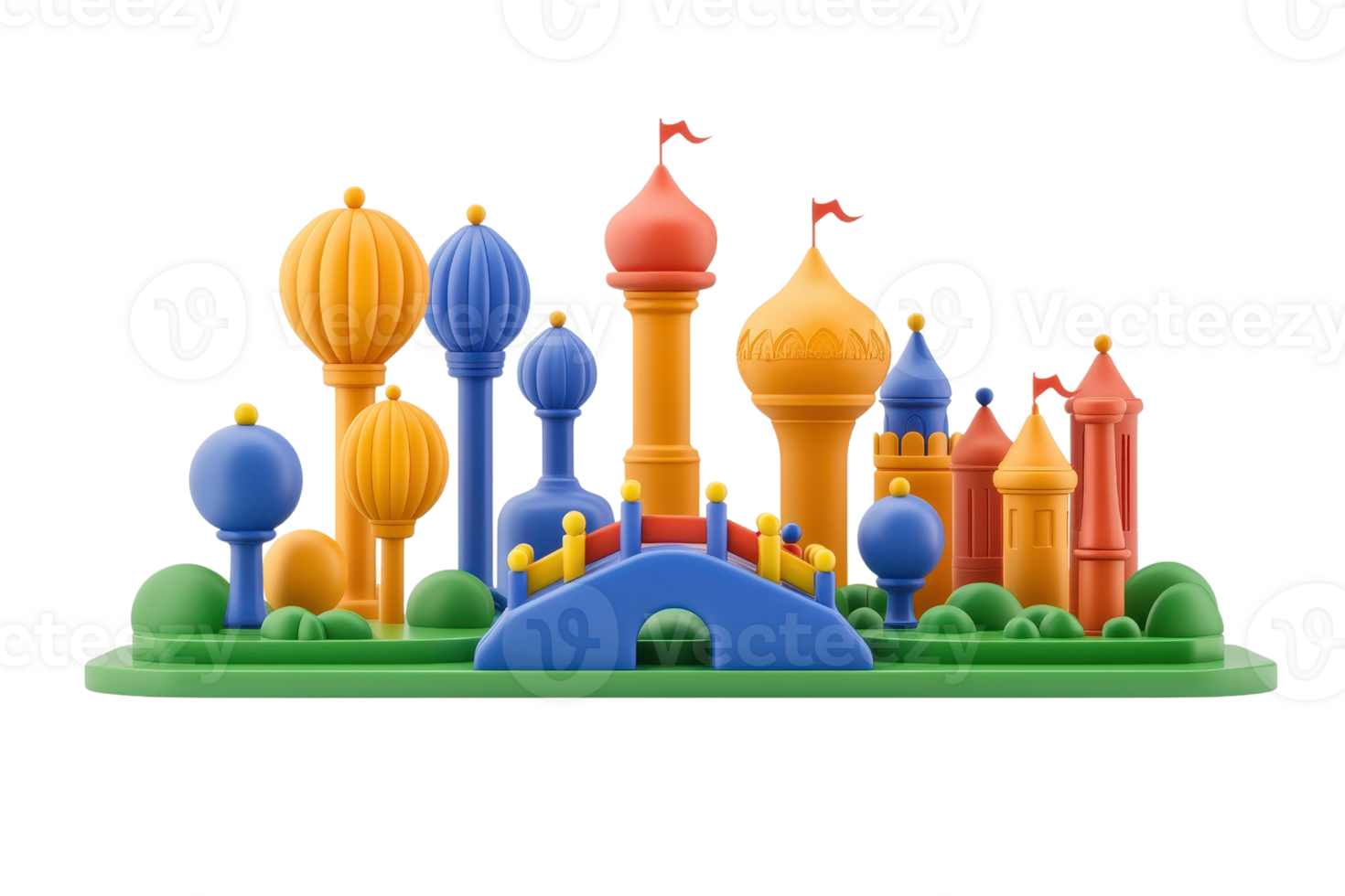 A colorful collection of whimsical towers and structures resembling a fantastical skyline, featuring various shapes and vibrant colors. png