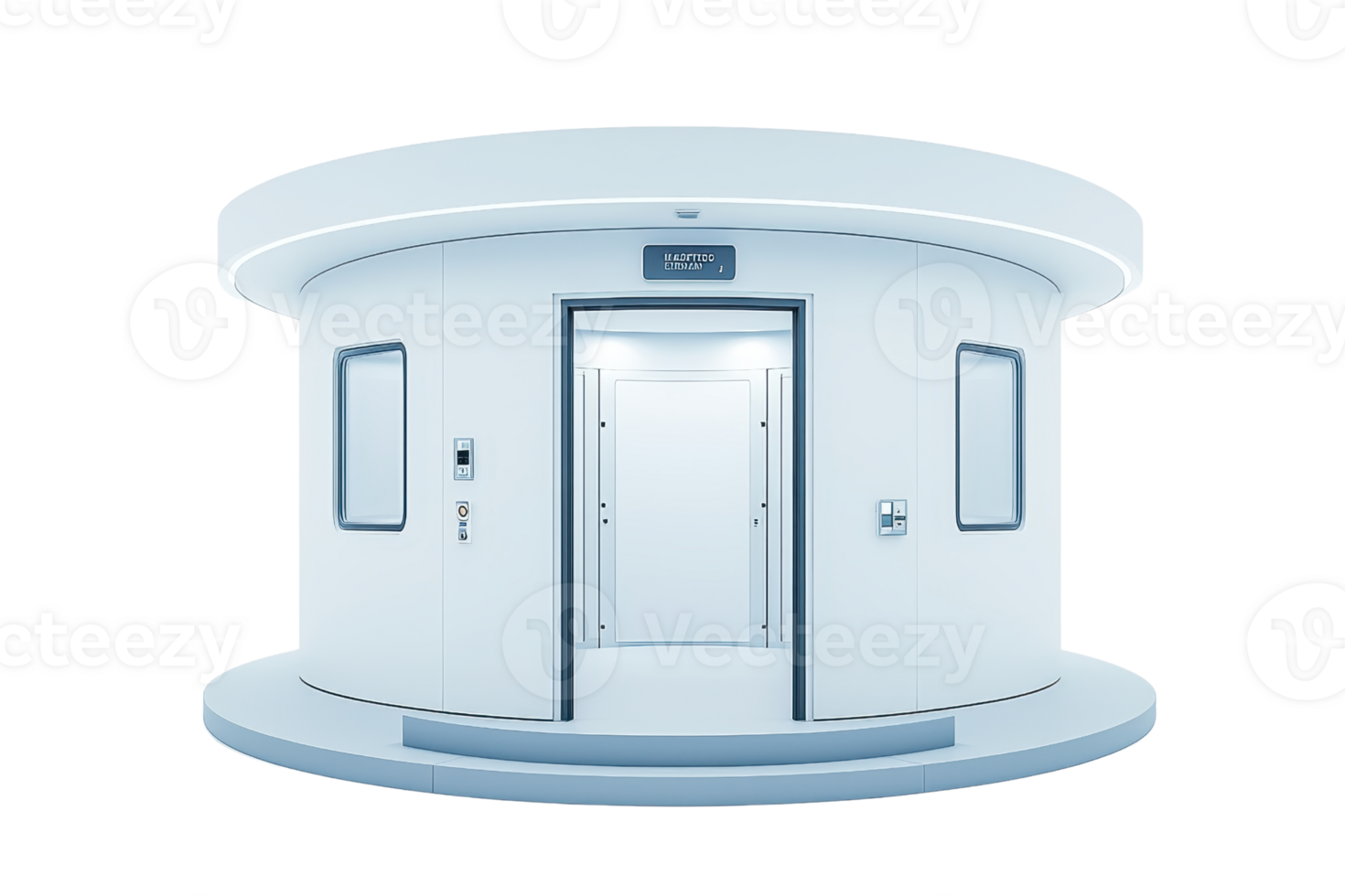 A futuristic, circular room with smooth white surfaces and a central door, featuring sleek lines and modern design elements. png
