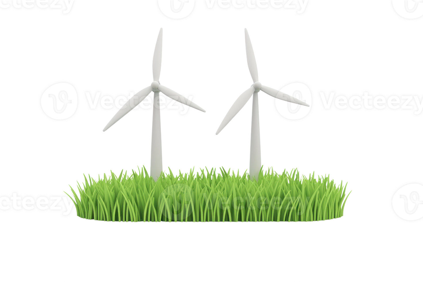 Two white wind turbines stand prominently on vibrant green grass. png