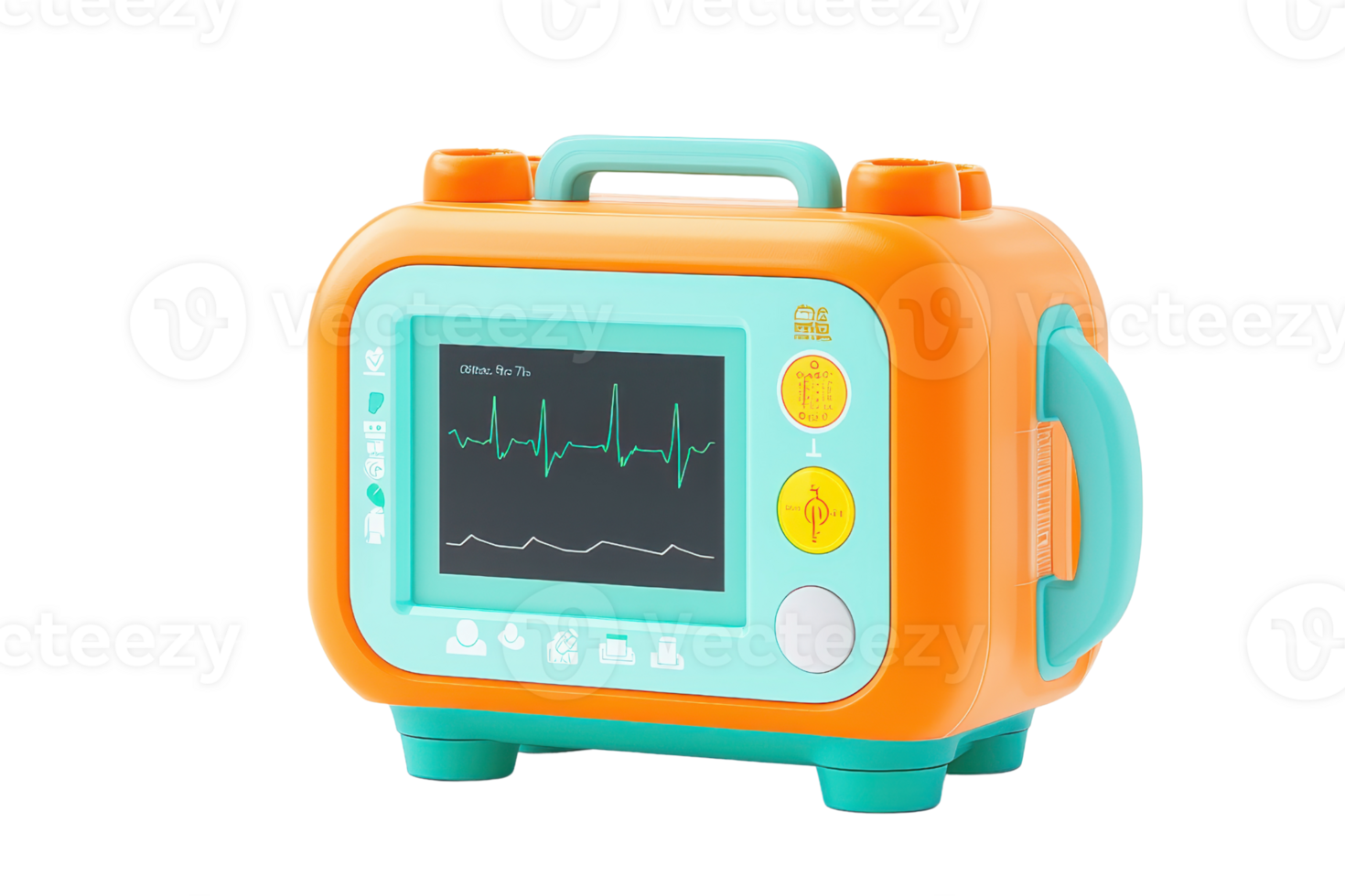 A colorful, toy-like medical monitor featuring a screen with wave patterns and buttons, designed for educational or play purposes. png