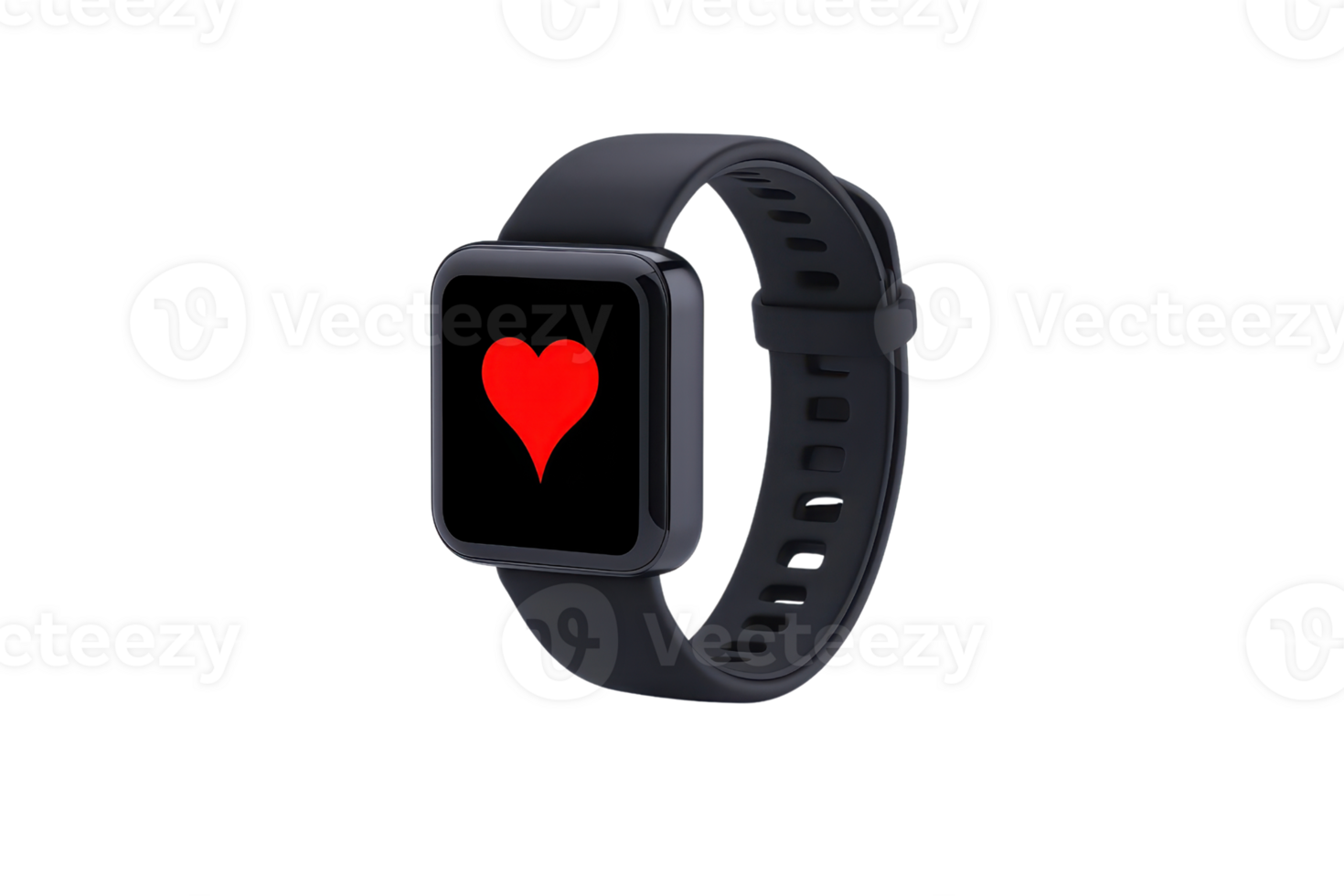 A sleek smartwatch displaying a red heart symbol on its screen, designed for health tracking and modern aesthetics. png
