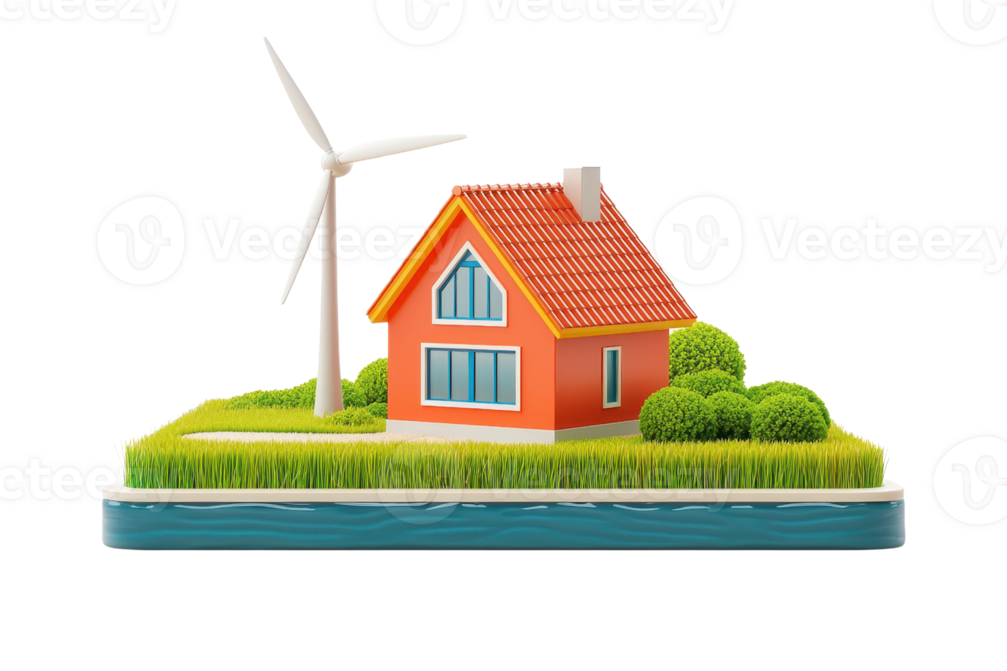 A vibrant model of a house featuring a wind turbine, surrounded by greenery, representing eco-friendly living and renewable energy. png