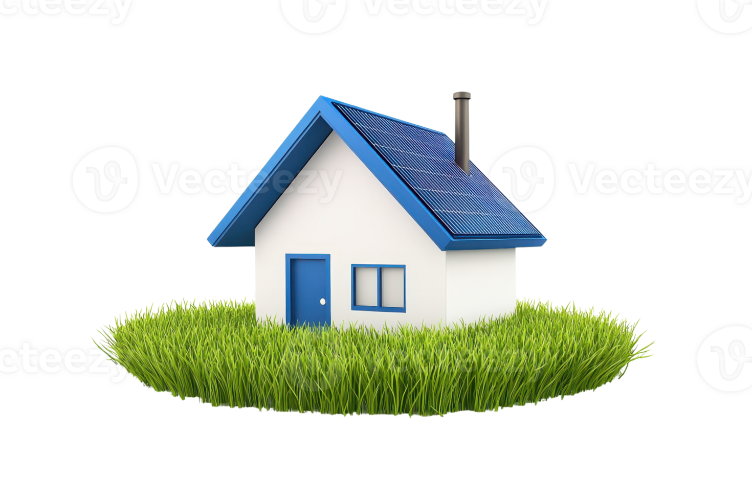 A small, modern house with a blue roof and solar panels, surrounded by lush green grass. png