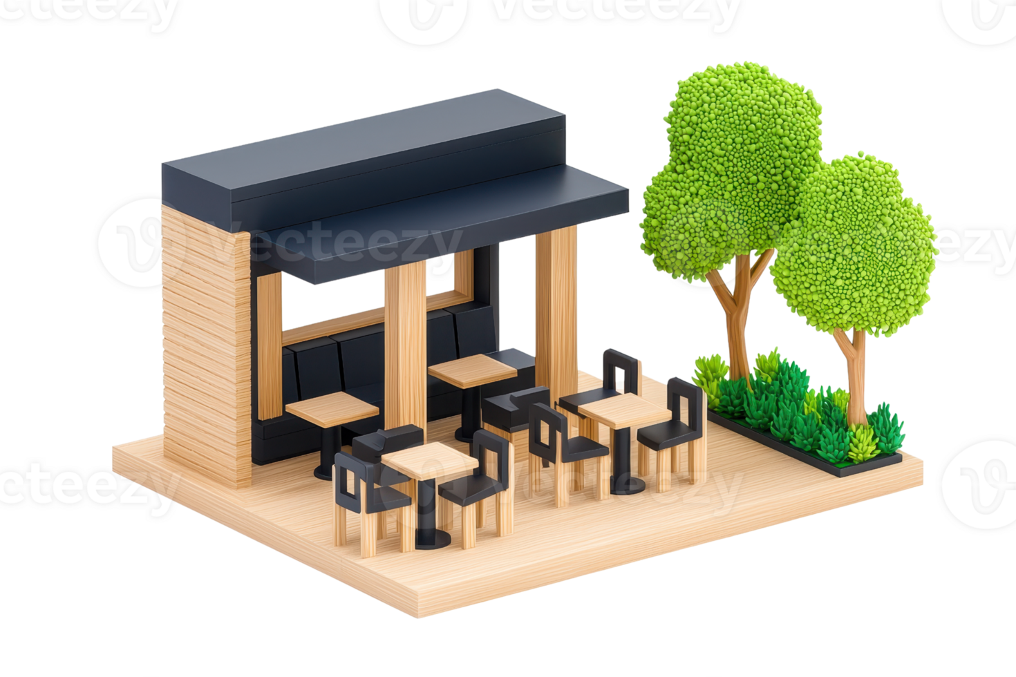 A modern outdoor cafe with sleek furniture, surrounded by greenery, featuring tables, chairs, and a shaded area. png