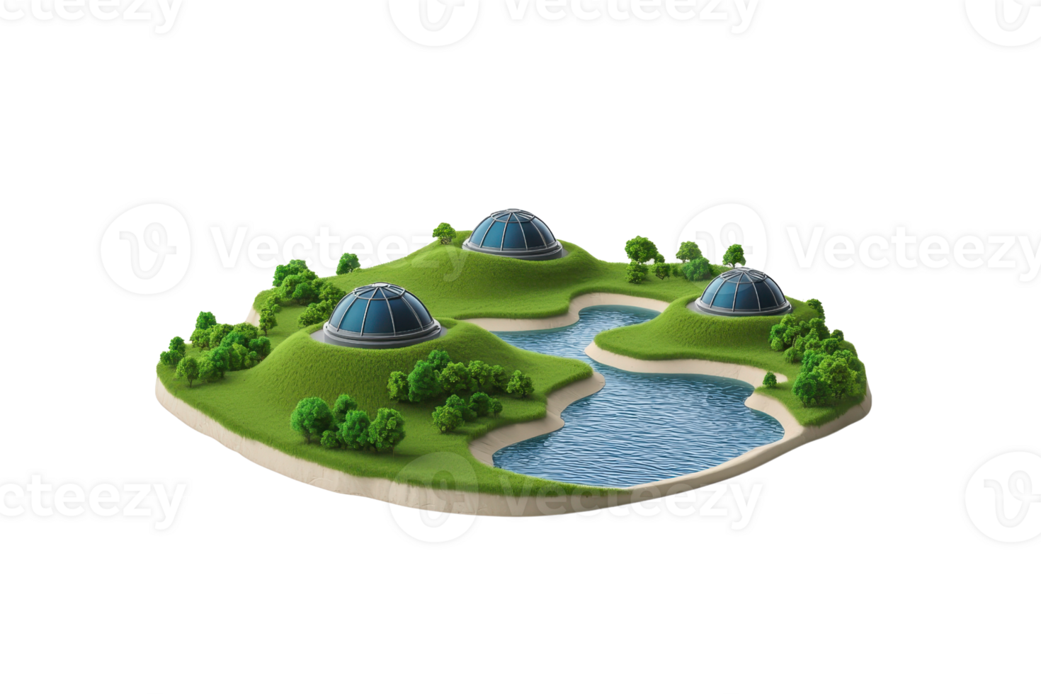 A miniature landscape featuring green hills, a winding river, and three dome structures captures a serene, natural environment. png