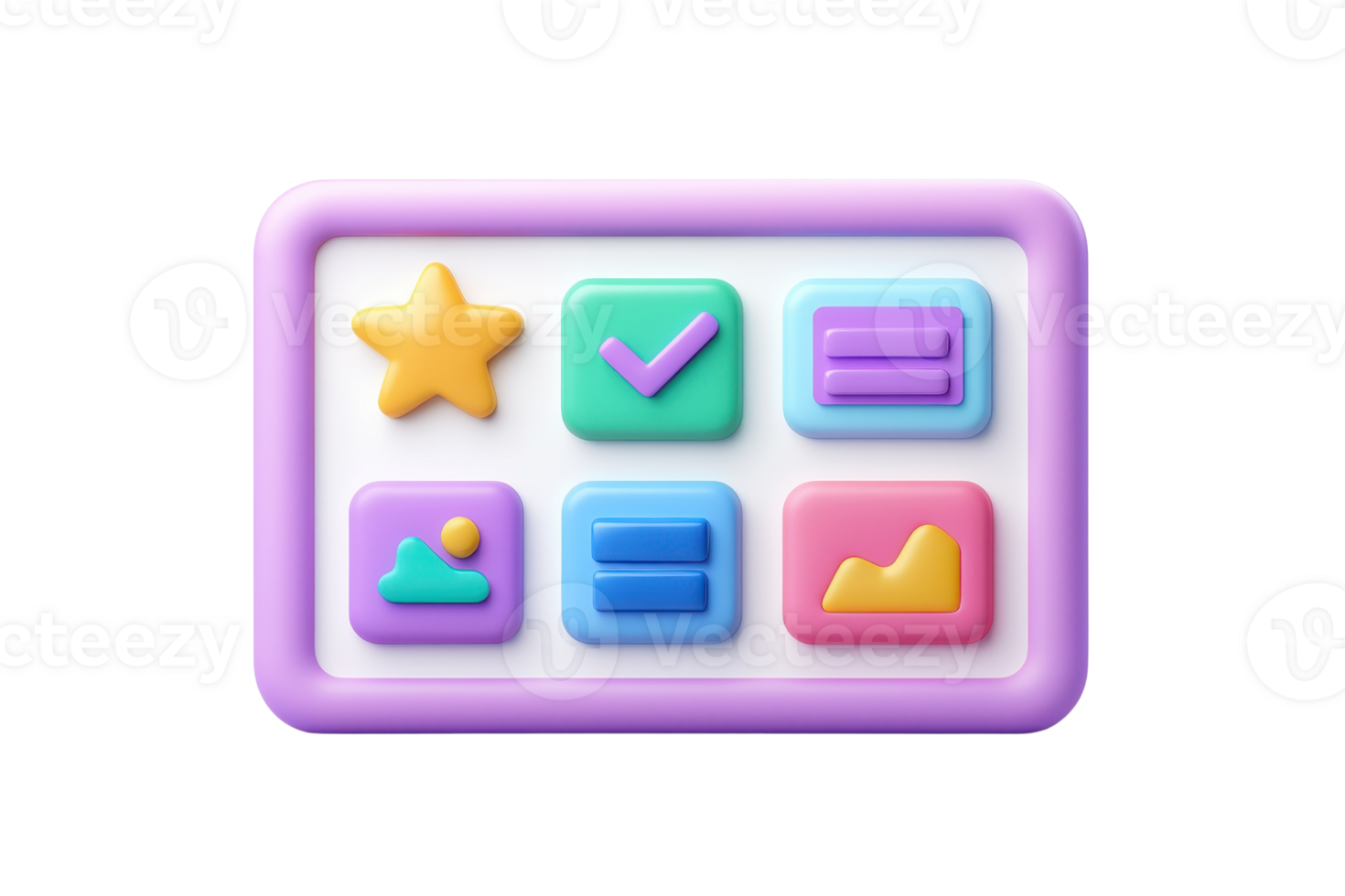 A colorful, playful button panel featuring various icons including a star, checkmark, and graphs, designed for interactive use. png