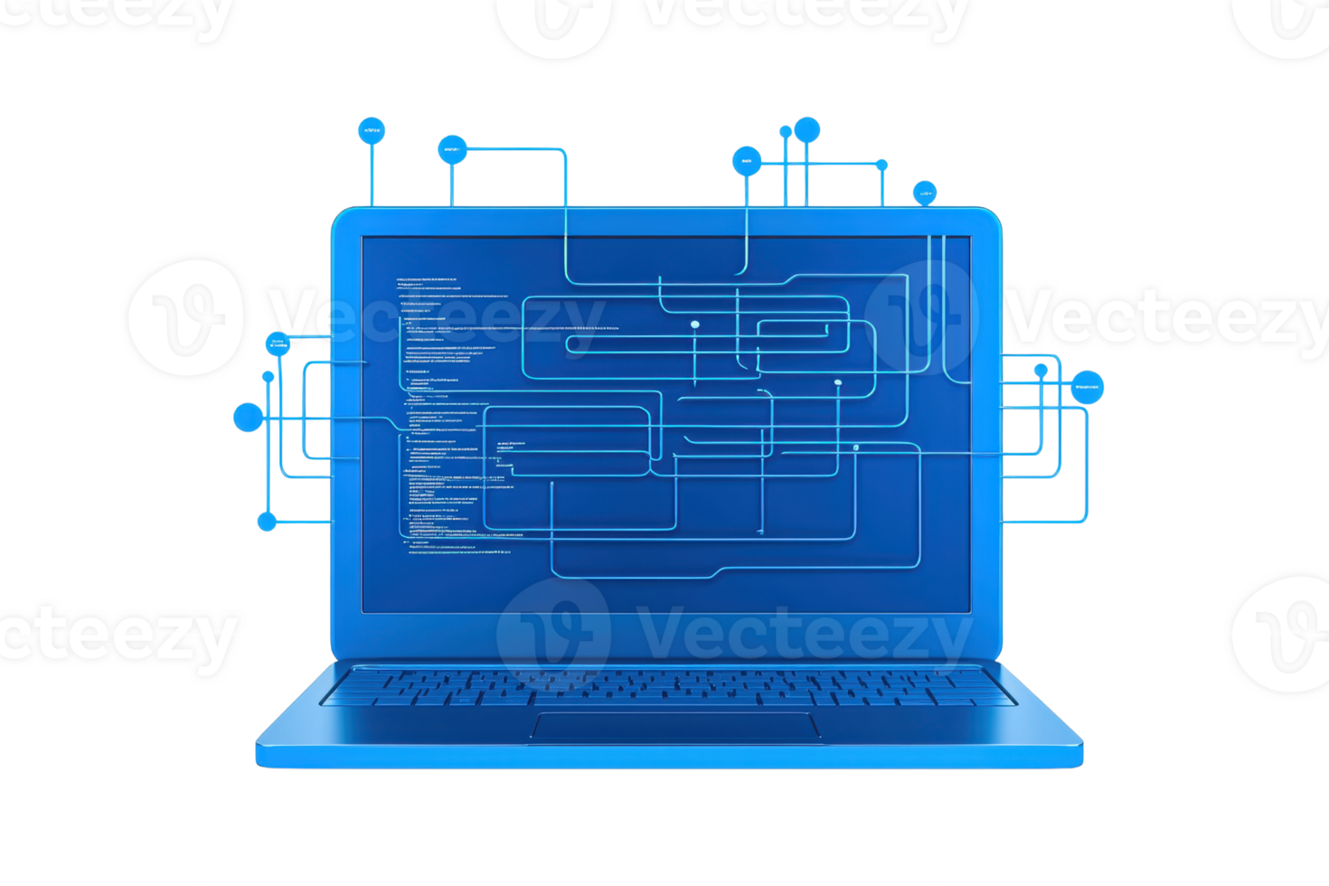 A blue laptop displaying intricate digital connections and coding on its screen. png