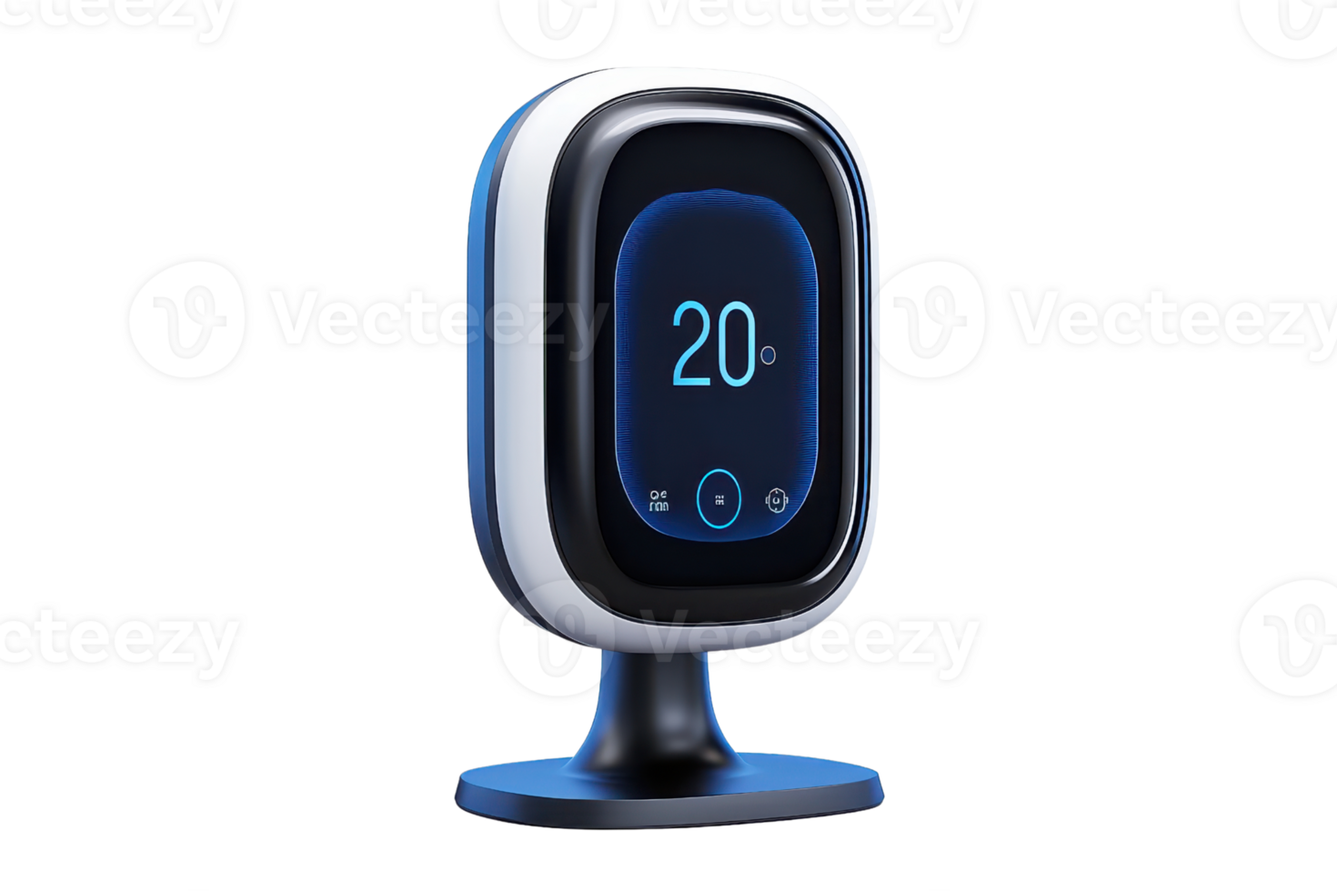 A sleek digital thermostat displaying a temperature of 20C, designed for modern home environments. png