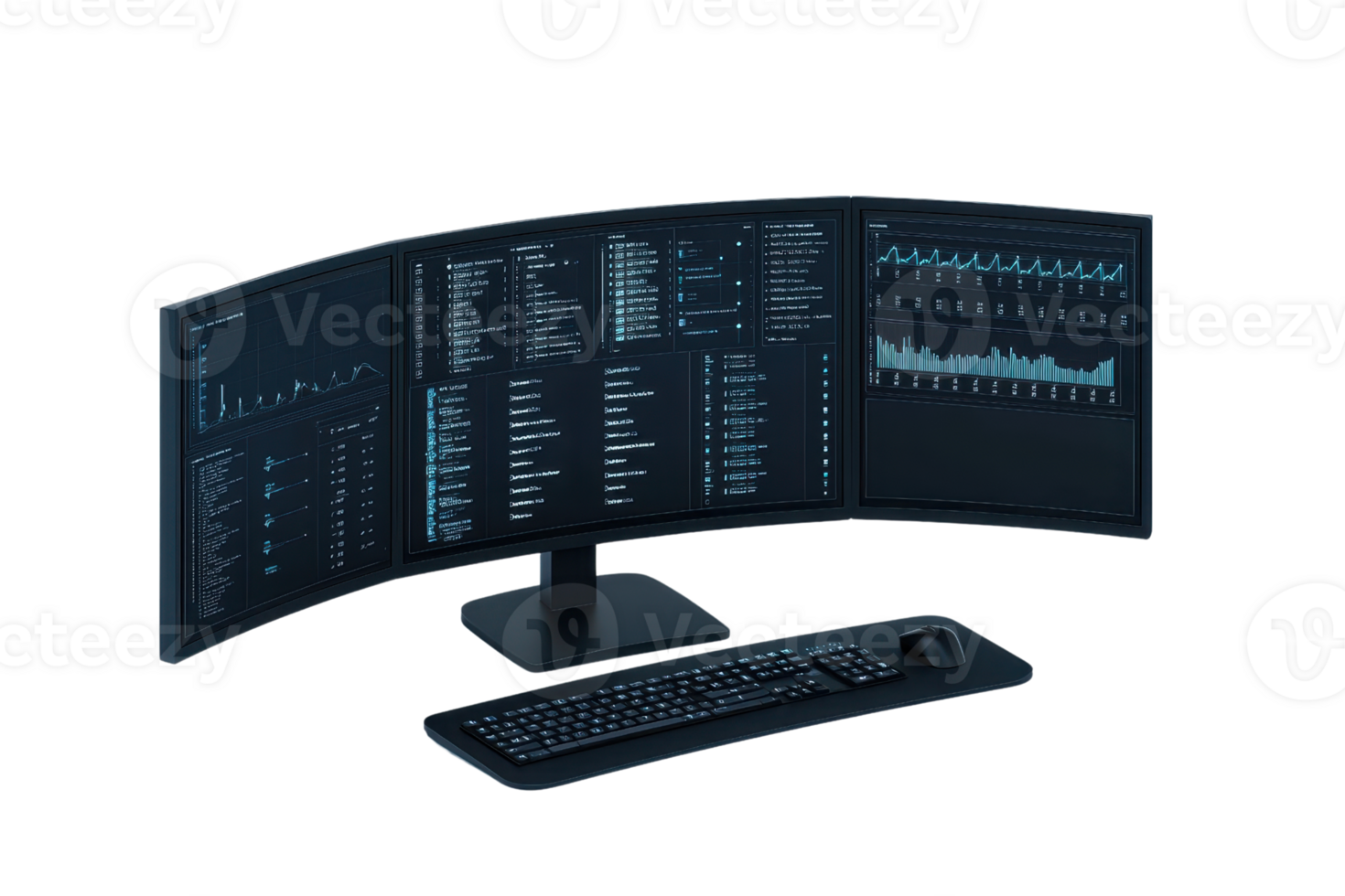 A modern, curved computer monitor displaying various data metrics and analytics, accompanied by a sleek keyboard. png