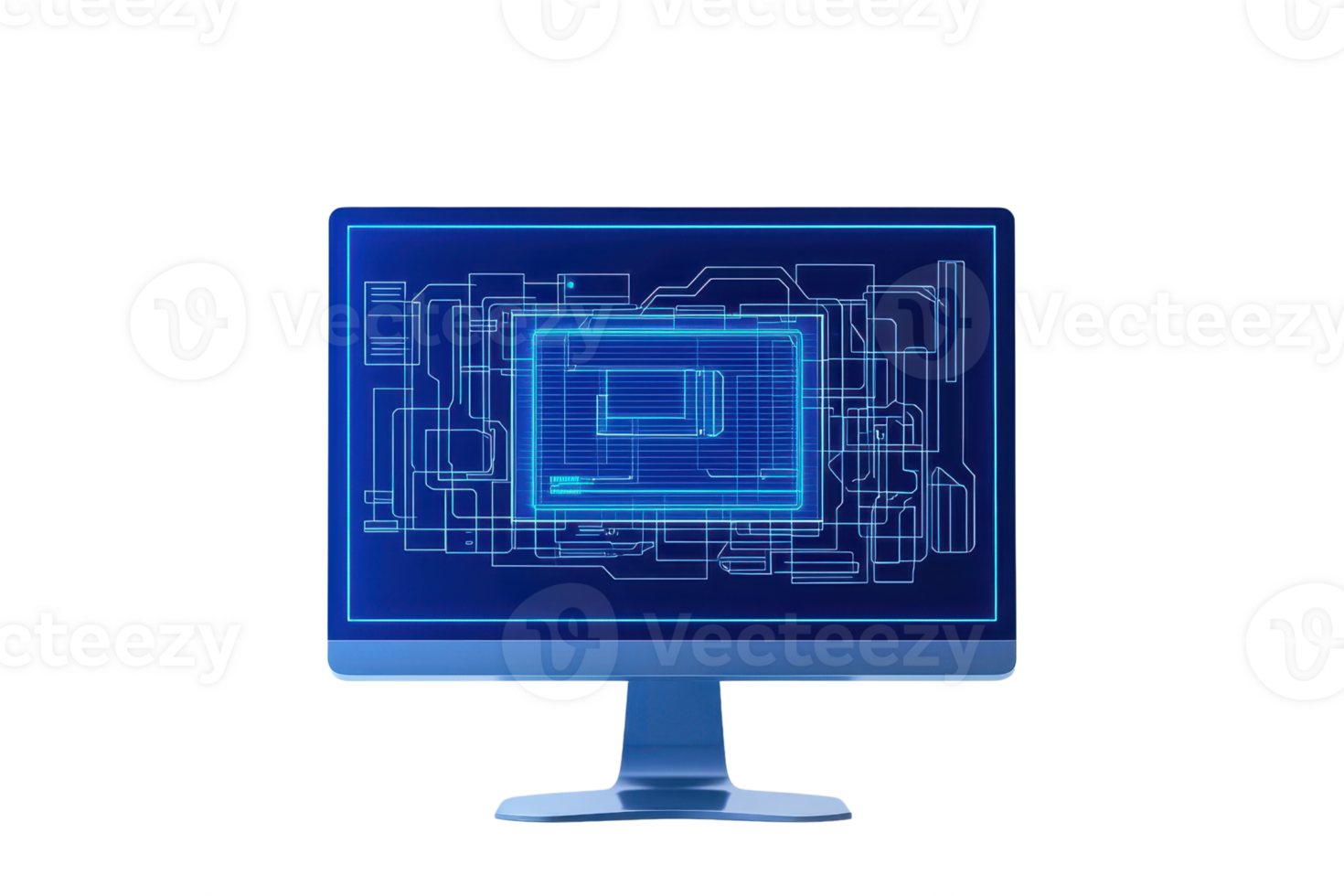 A digital computer monitor displaying a blue circuit board design. png