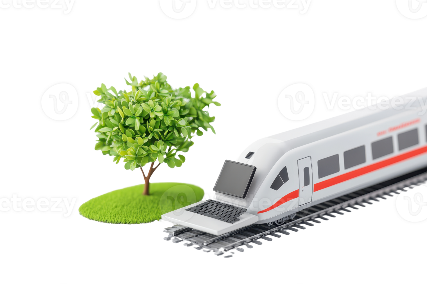 A model train beside a small tree and a laptop, symbolizing technology and nature in a whimsical setting. png