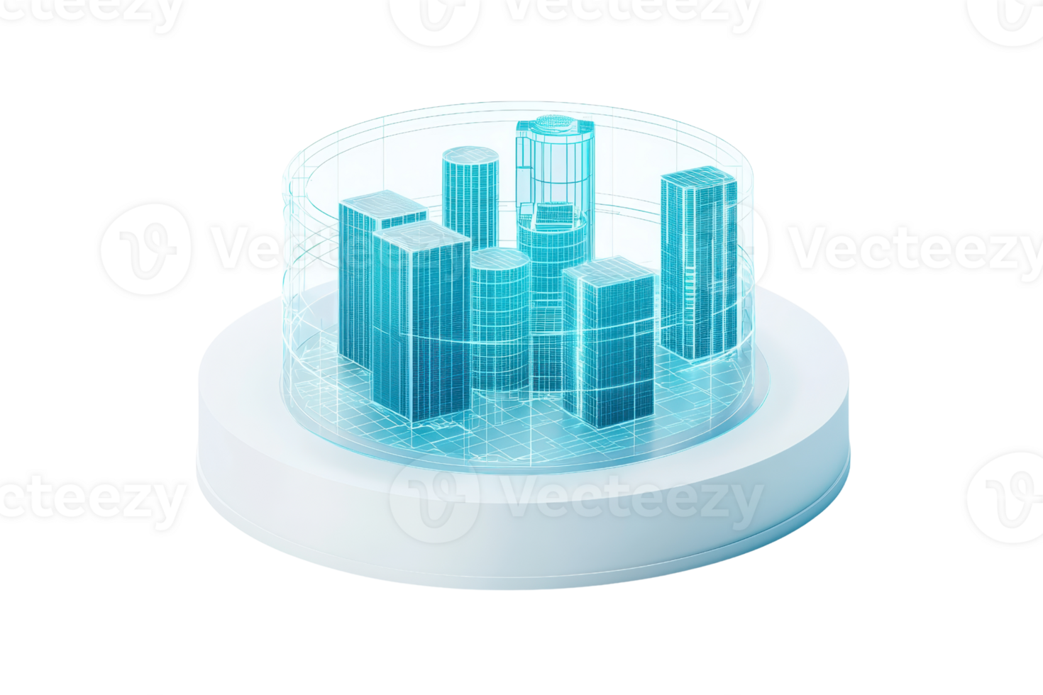 A modern architectural model showcasing various tall structures with a sleek, futuristic design. png