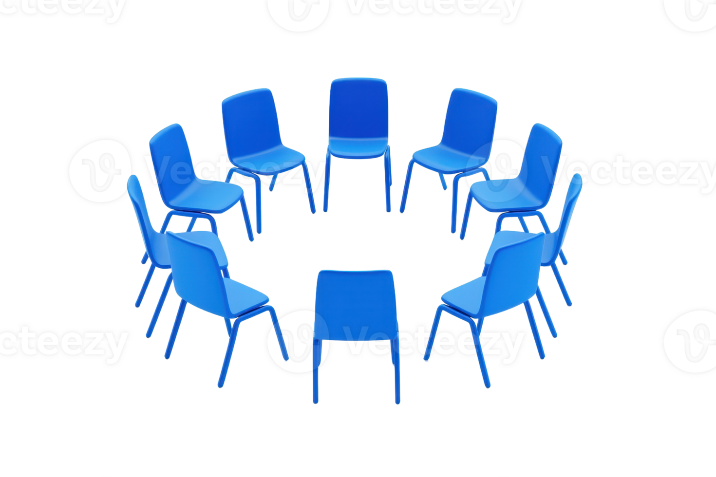 A circle of blue chairs arranged symmetrically, emphasizing communal seating and a vibrant color scheme. png
