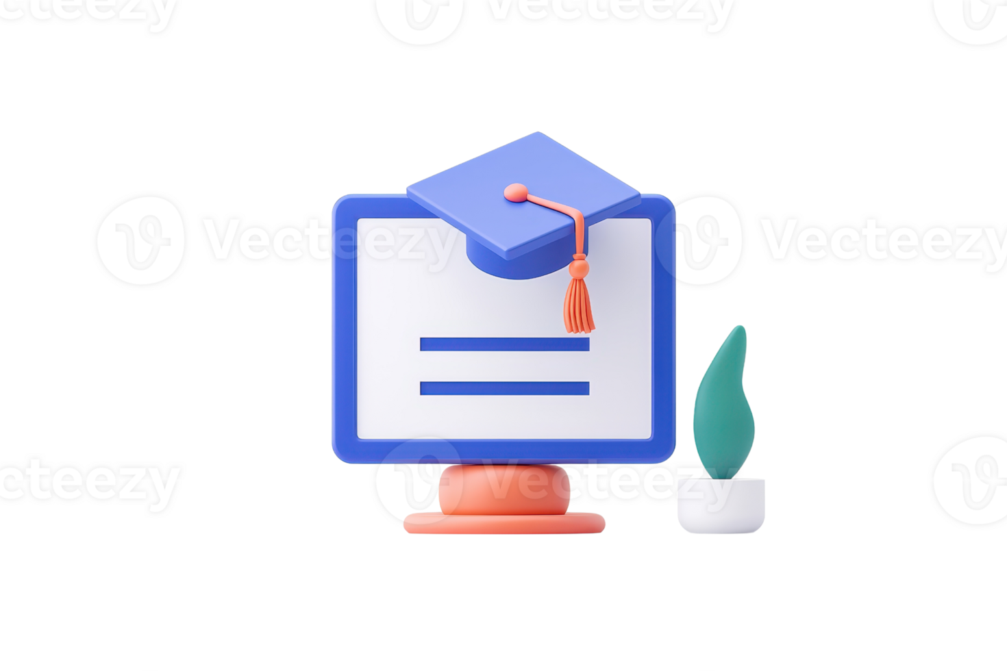 A stylized computer screen featuring a graduation cap, symbolizing education and academic achievement, accompanied by a small plant. png