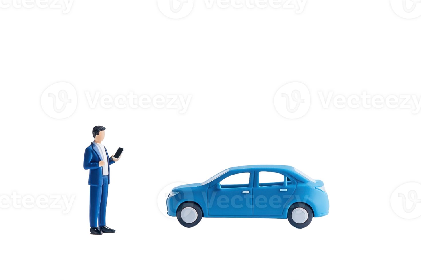 A businessman in a blue suit interacts with a blue car, possibly using a mobile device for communication or information. png