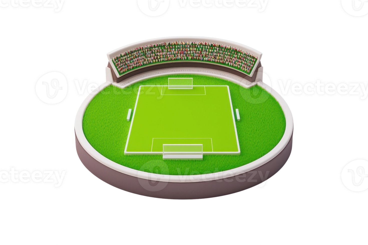 A stylized soccer field with goals, surrounded by a circular seating area for spectators. png