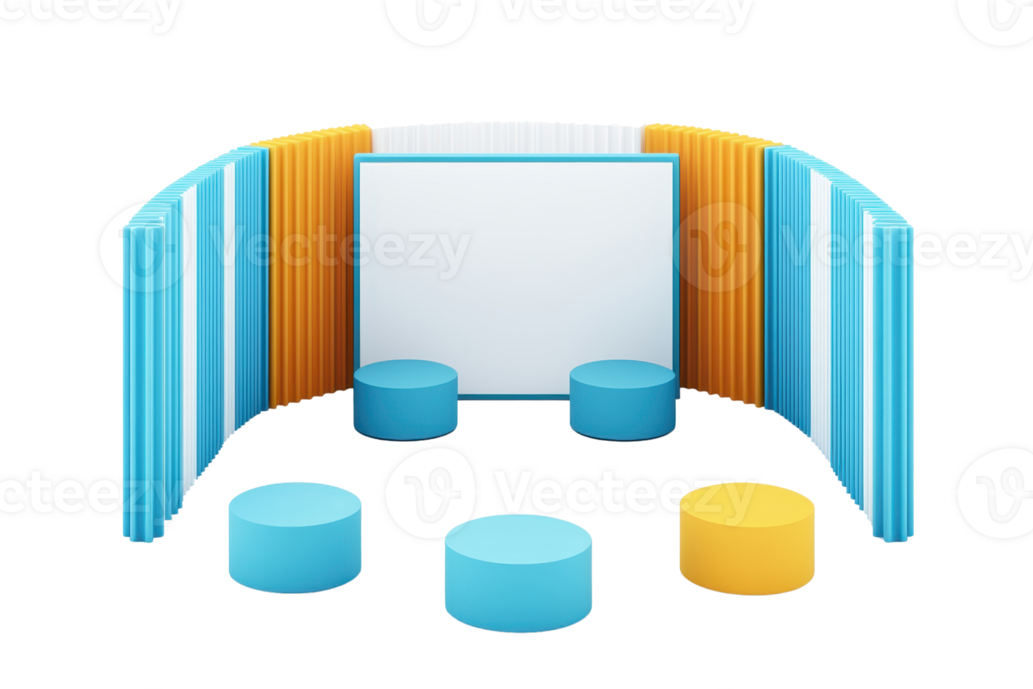 A modern seating arrangement featuring a central display, surrounded by colorful seating and a structured backdrop. png
