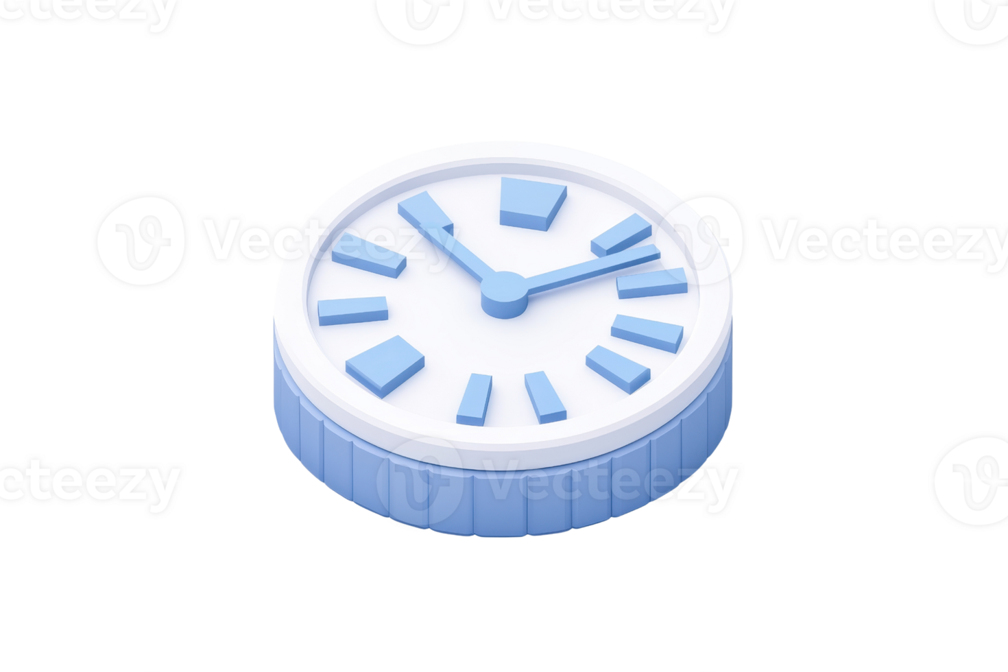 A round, blue and white clock with clear hour and minute markers, featuring simple hands indicating the time. png