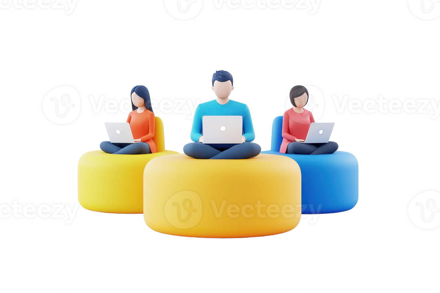 Three stylized figures using laptops while seated on colorful poufs, each wearing casual clothing in vibrant colors. png