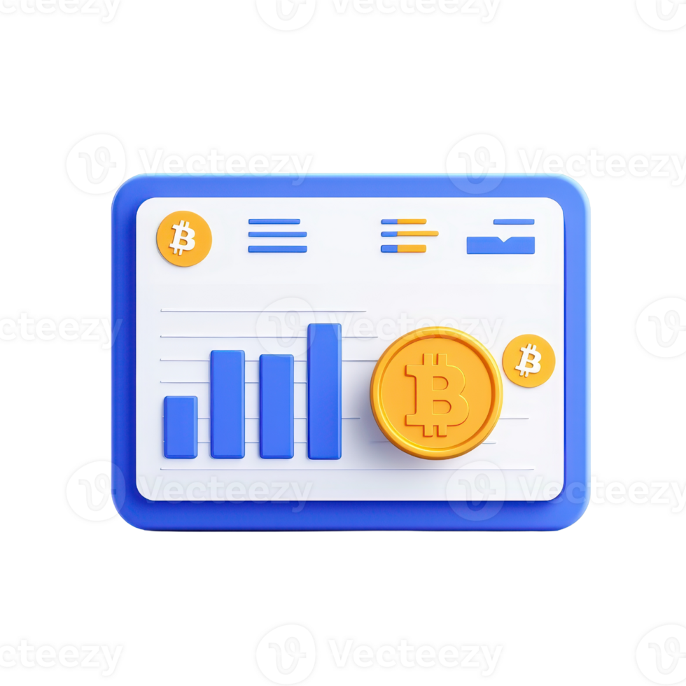 A data dashboard displaying cryptocurrency trends with charts and Bitcoin coins. png