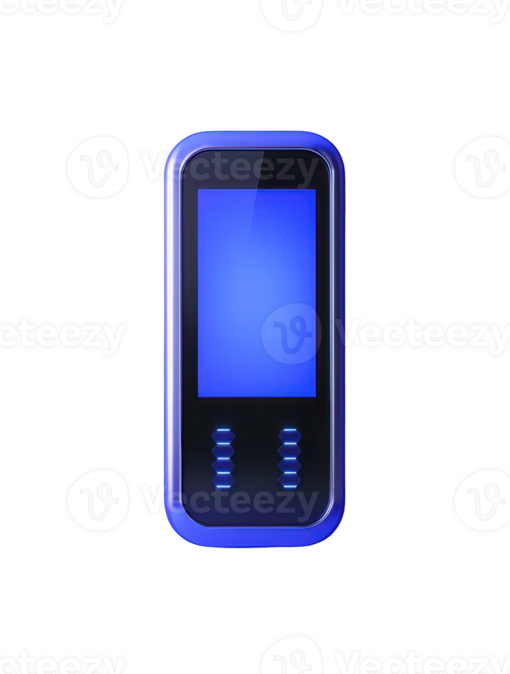 A sleek electronic device with a blue screen and illuminated buttons, designed for modern functionality. png