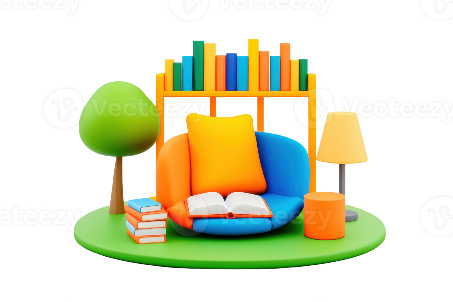 A colorful seating area featuring a comfortable chair, decorative cushions, a lamp, books, and a small tree. png