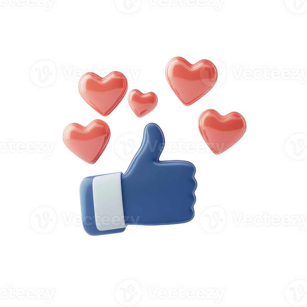 A blue thumbs-up emoji surrounded by several pink hearts, symbolizing approval and affection. png