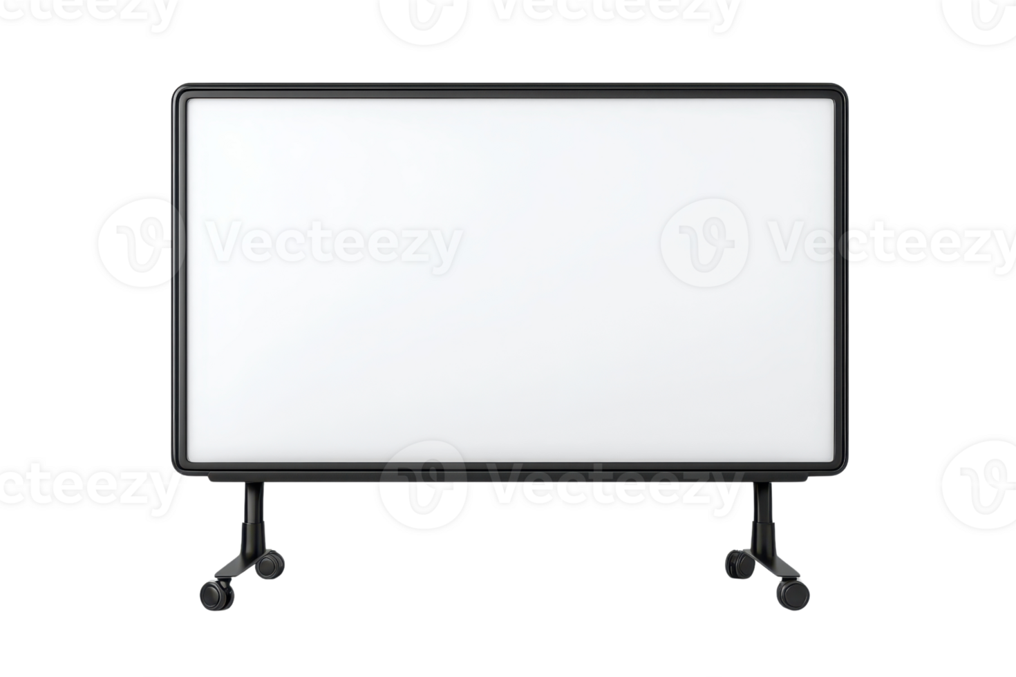 A mobile whiteboard with a sleek design, featuring a smooth writing surface and mounted on rolling casters for easy mobility. png