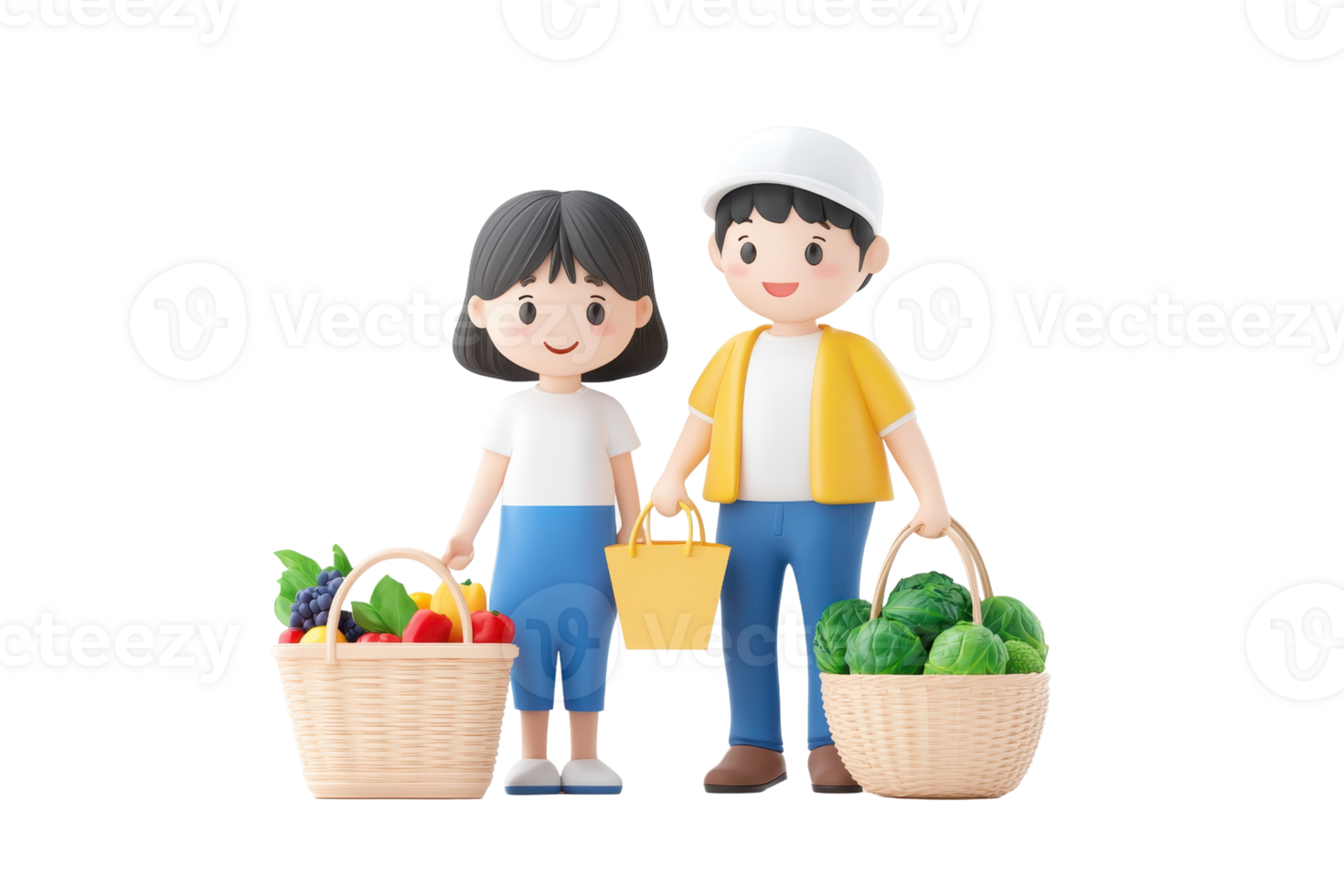 Two children holding baskets filled with colorful fruits and vegetables, smiling happily. png