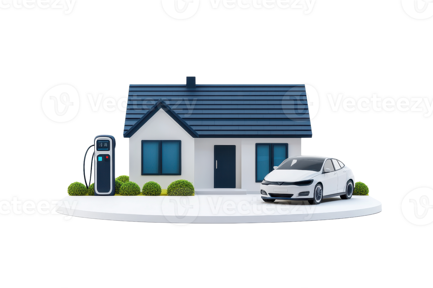 A modern house featuring an electric vehicle and charging station, showcasing a blend of eco-friendliness and contemporary design. png
