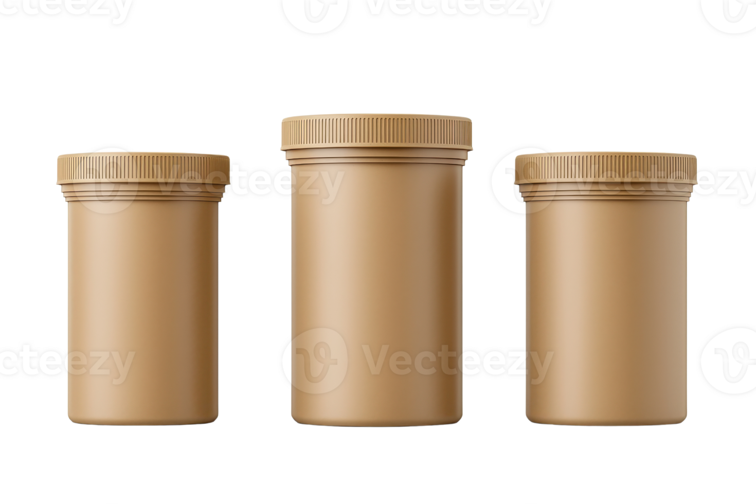 Three cylindrical jars with ridged lids, showcasing a consistent golden hue and varying heights. png