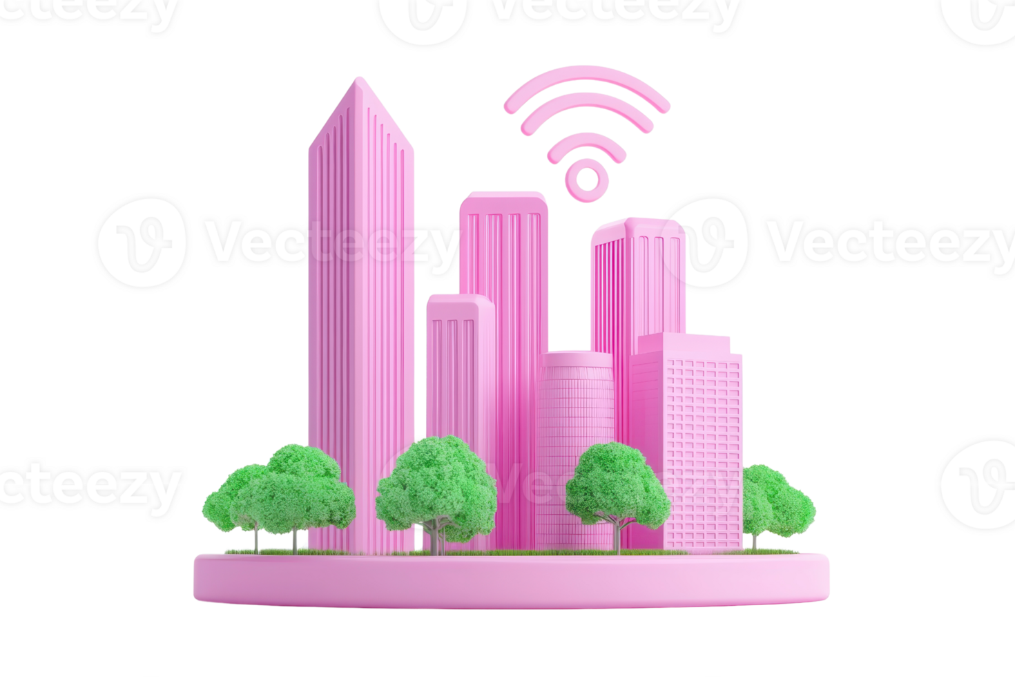 A vibrant pink cityscape model featuring tall buildings and green trees with a wireless signal icon above. png