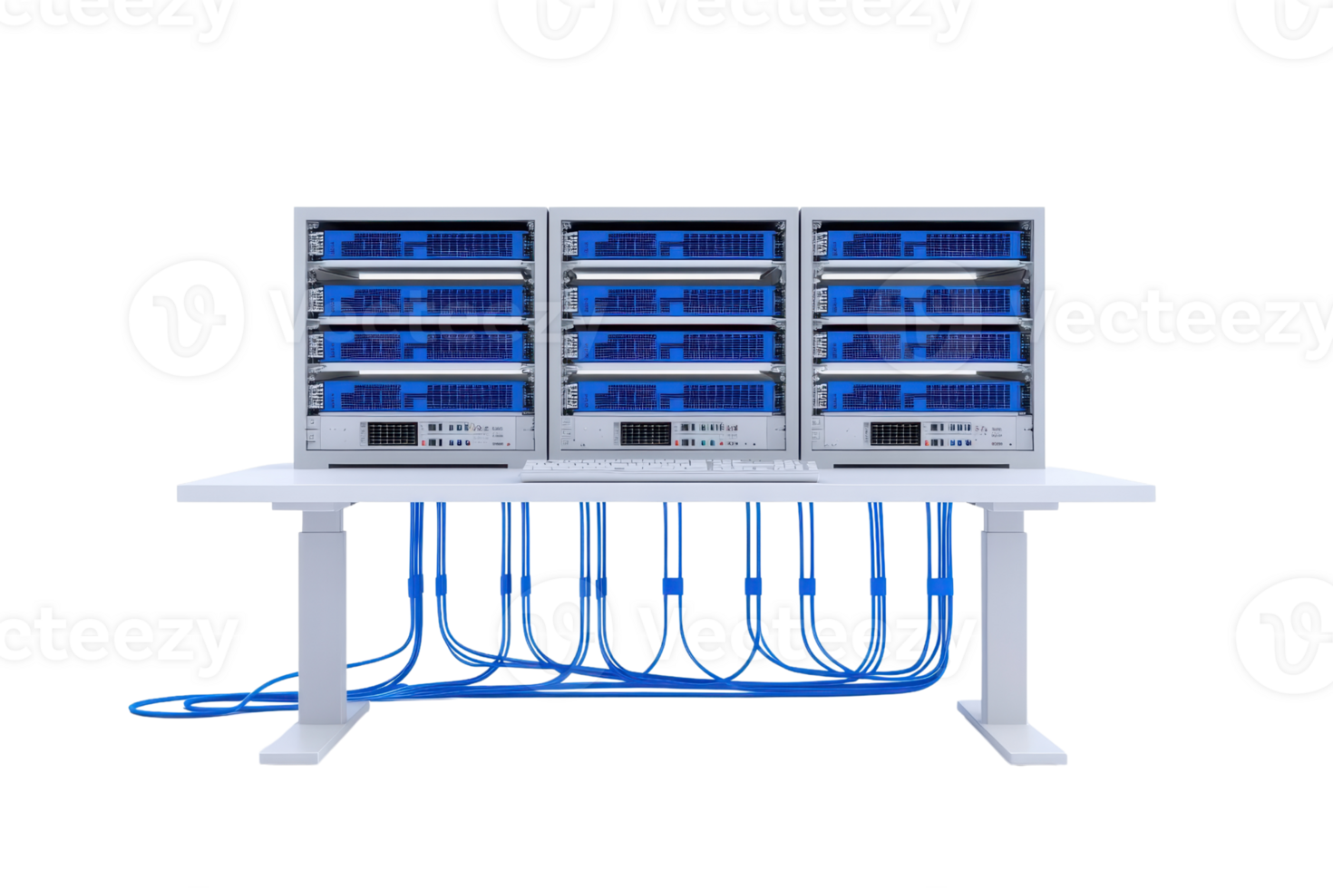 A modern server rack with multiple blue-lit units, featuring connected cables for data transfer and power management. png