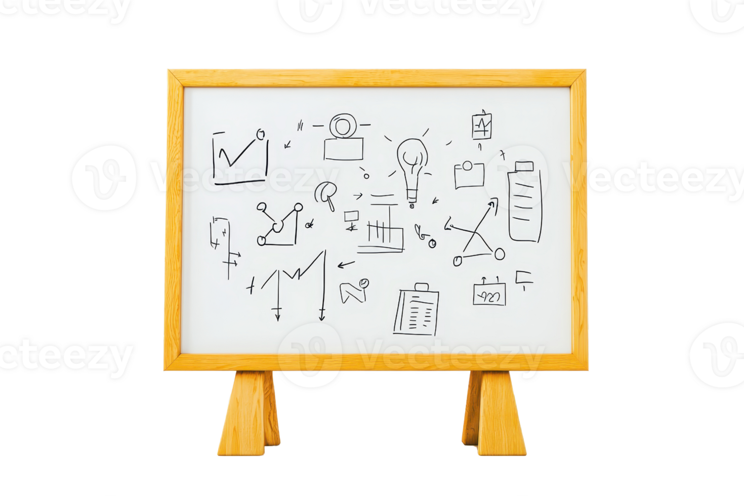 A whiteboard featuring various business and data-related sketches, including charts, graphs, and icons. png