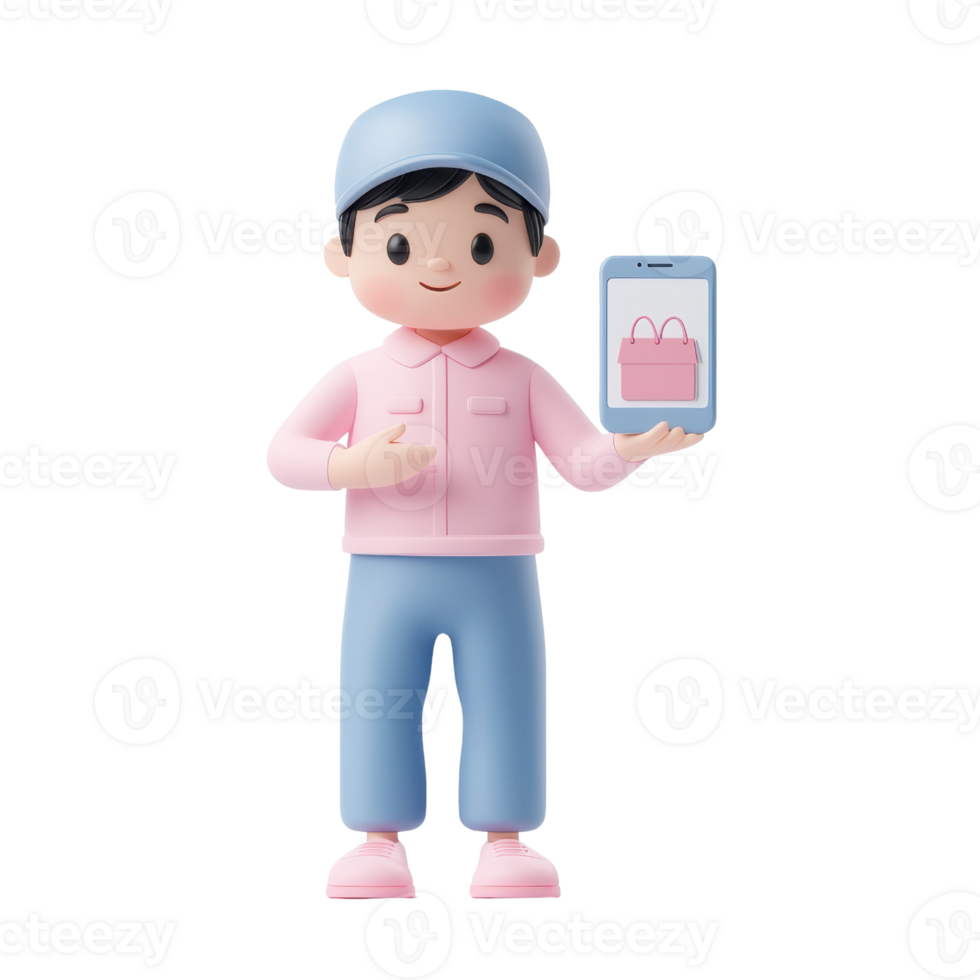 A cartoonish character holding a smartphone displaying a shopping bag, dressed in a pink and blue outfit. png