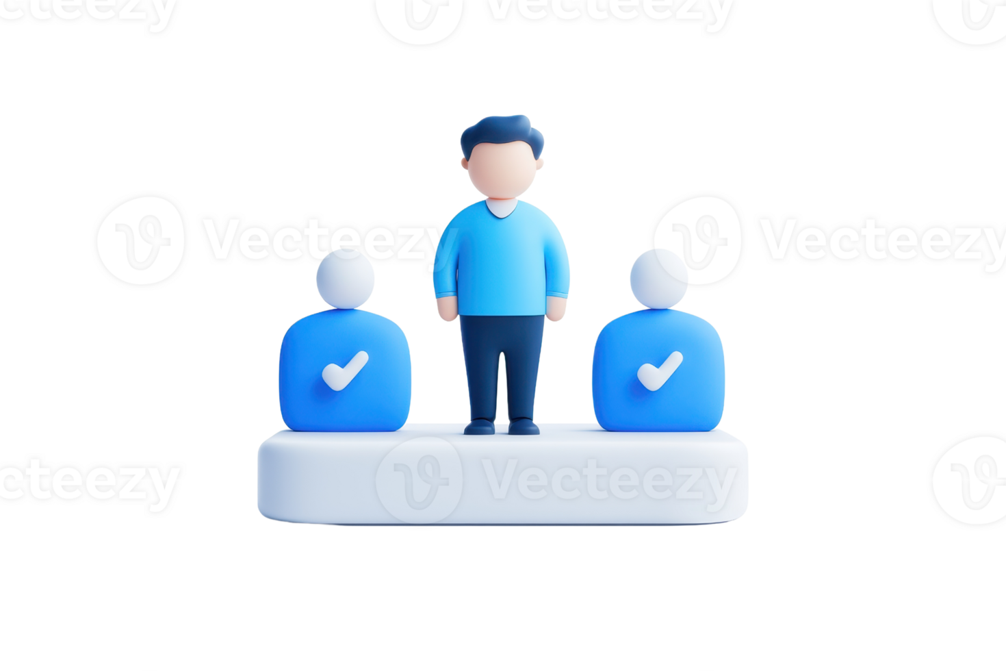 A three-character illustration featuring a central figure standing on a pedestal, flanked by two smaller figures with checkmarks. png