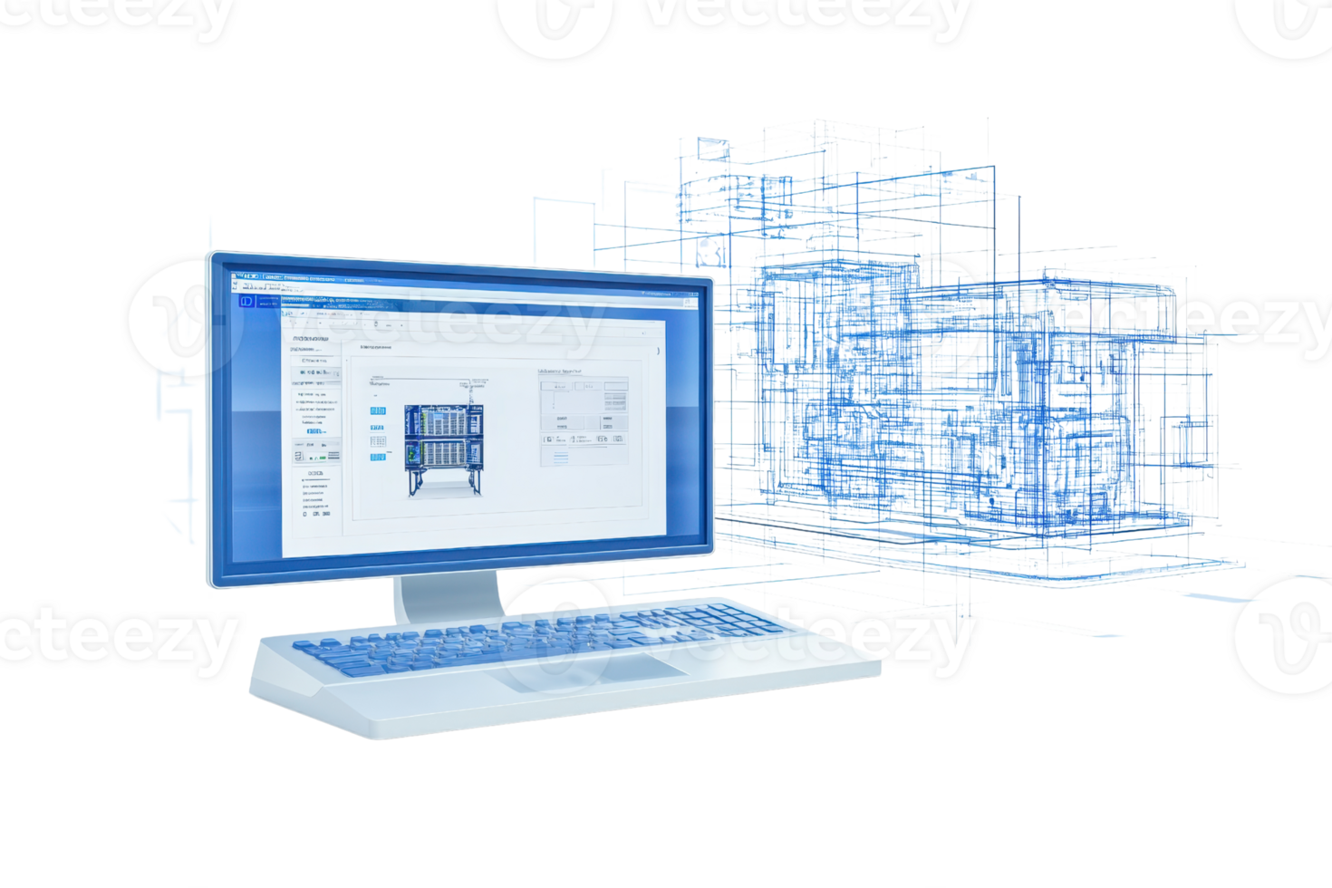 A modern computer displaying software with a digital interface and three-dimensional models projected around it. png